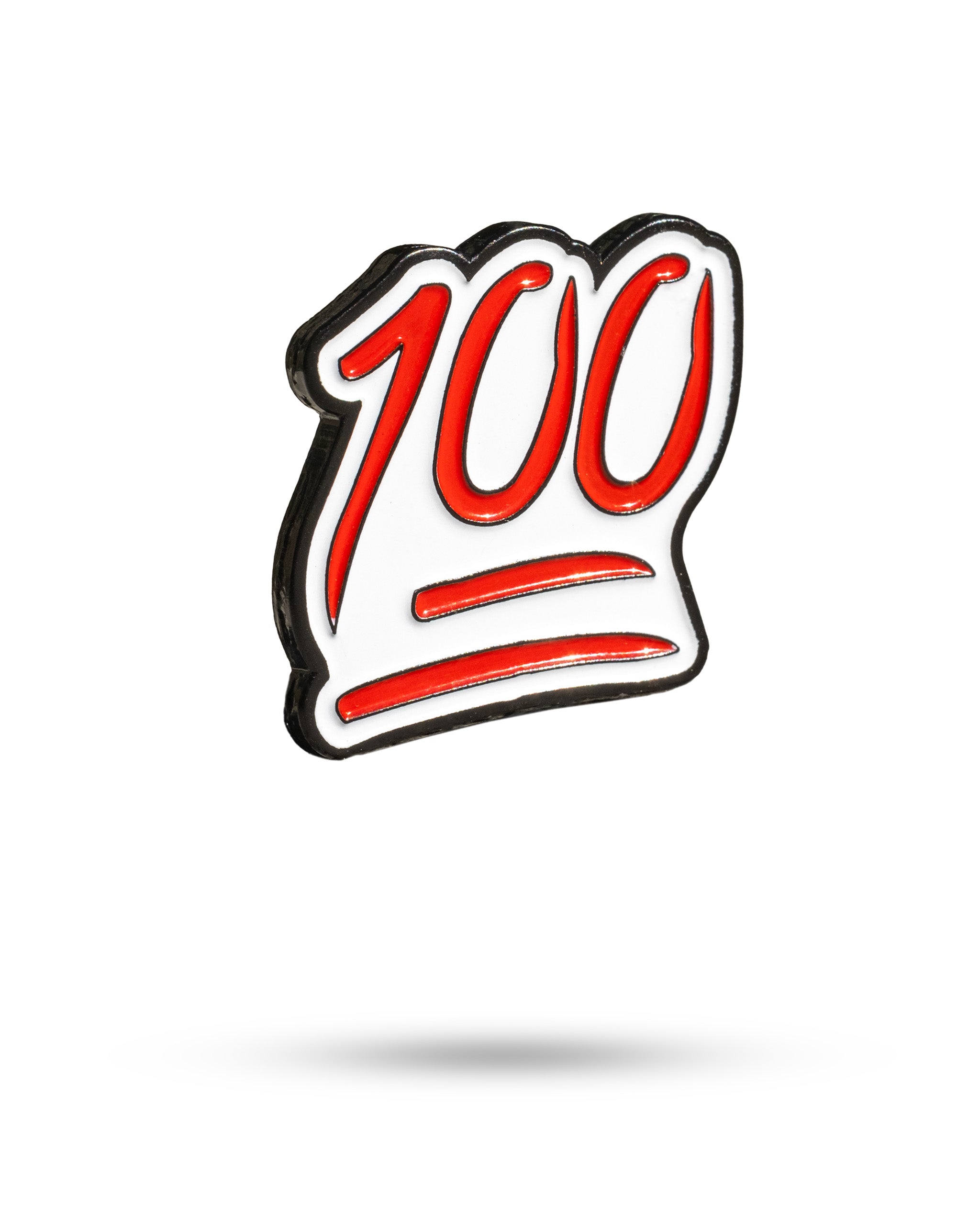 Bold golf ball marker featuring the number 100 in red and black, designed for golfers to mark their ball on the course.