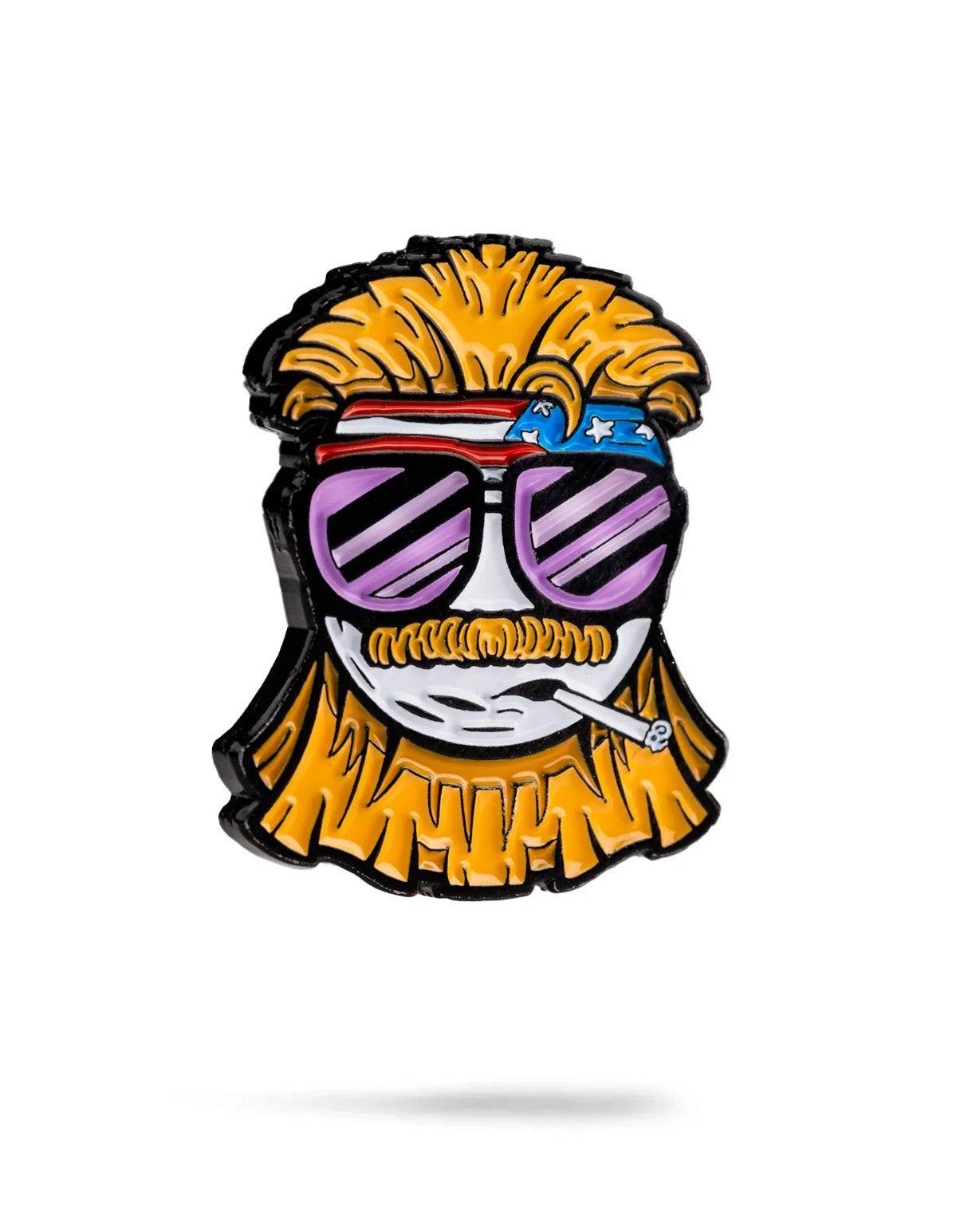 Bold ball marker featuring a cartoonish character with sunglasses, a mustache, and a headband, perfect for golfers.