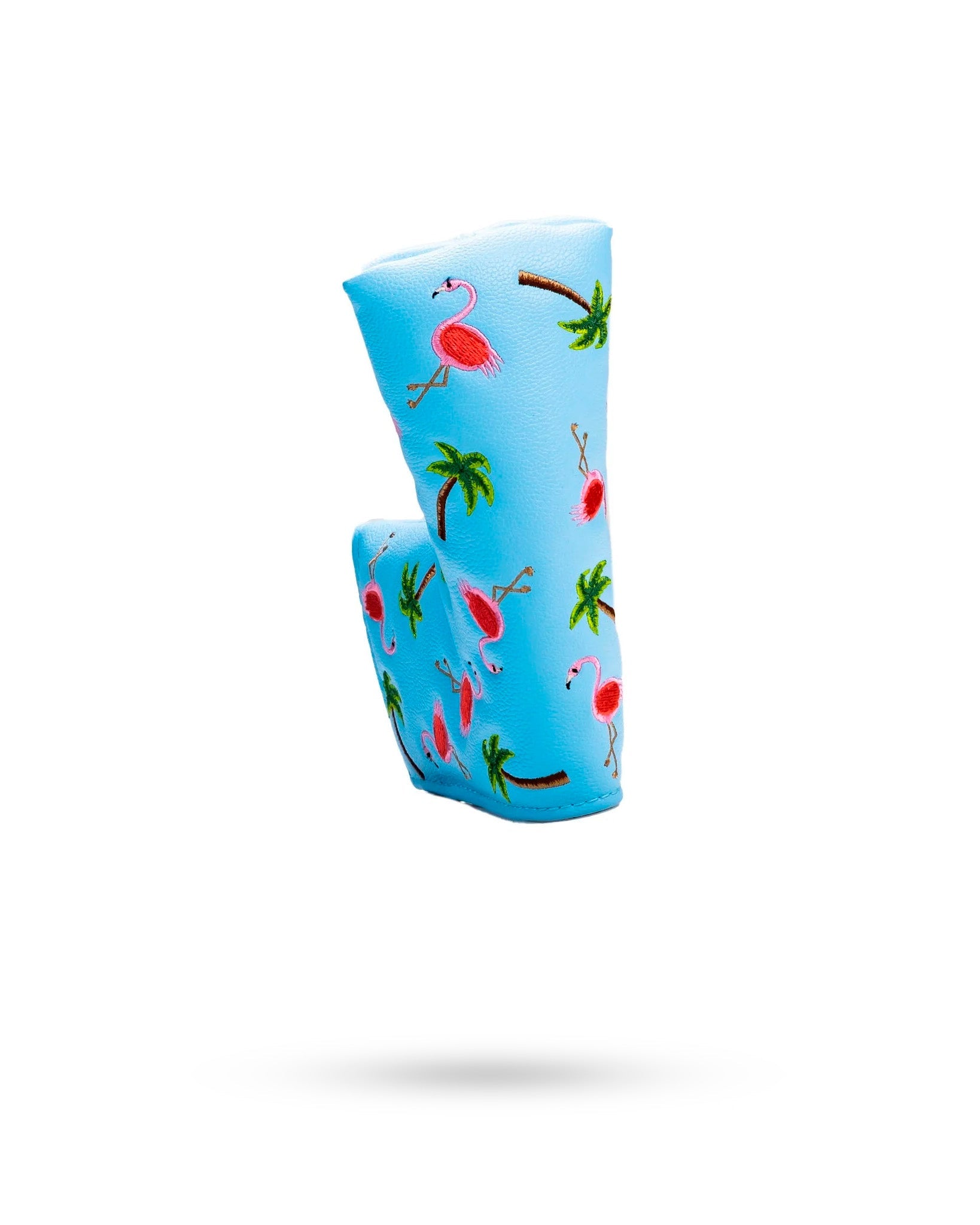 Bright blue blade putter cover featuring playful dancing flamingos and palm trees, perfect for stylish golfers.