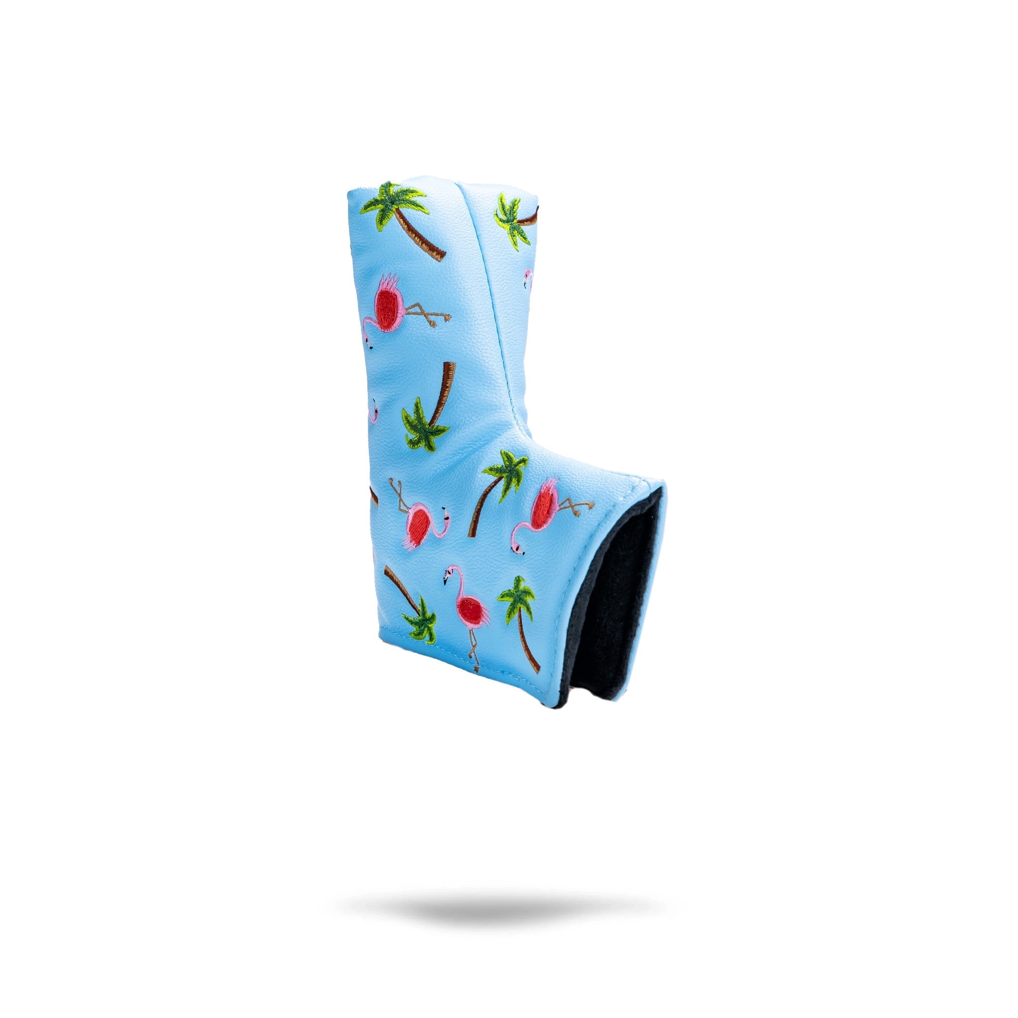 Dancing Flamingos blade putter cover featuring a vibrant blue design with flamingos, palm trees, and cocktails.