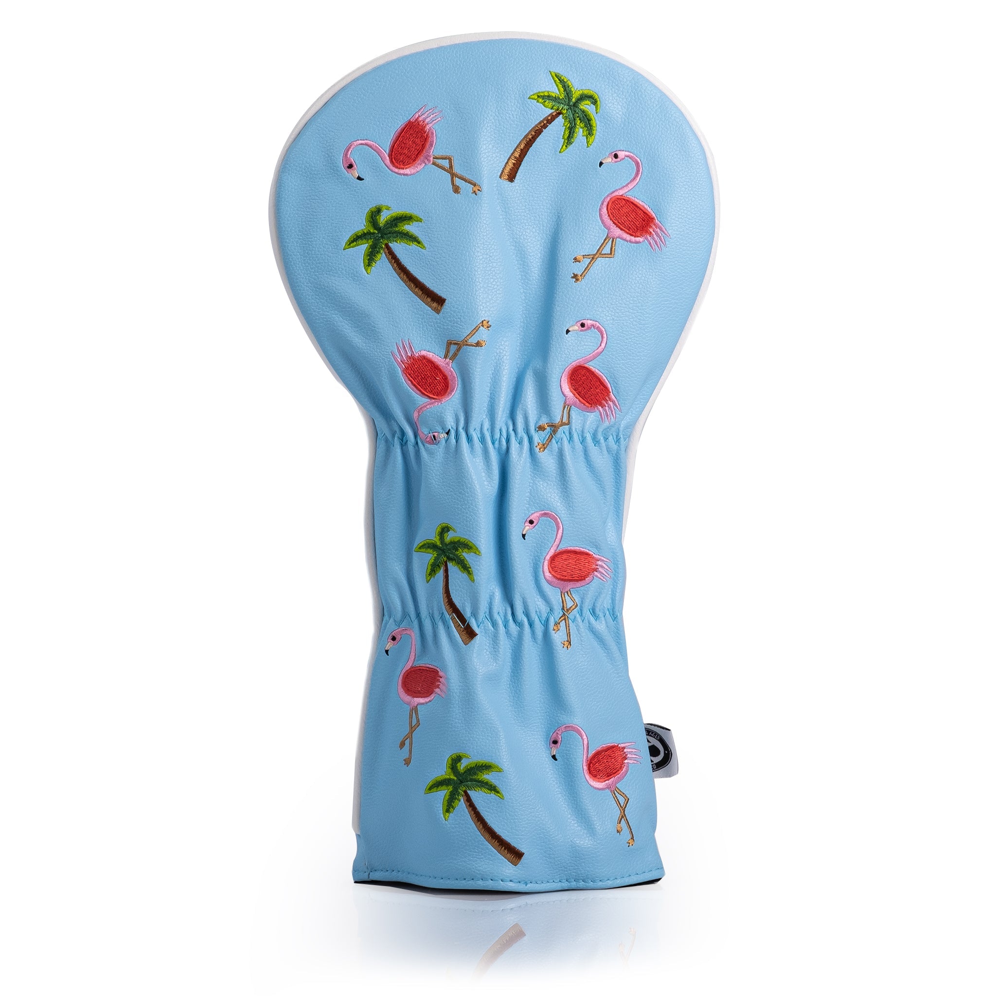 Colorful driver cover featuring playful dancing flamingos and palm trees on a light blue background. Perfect for stylish golfers.