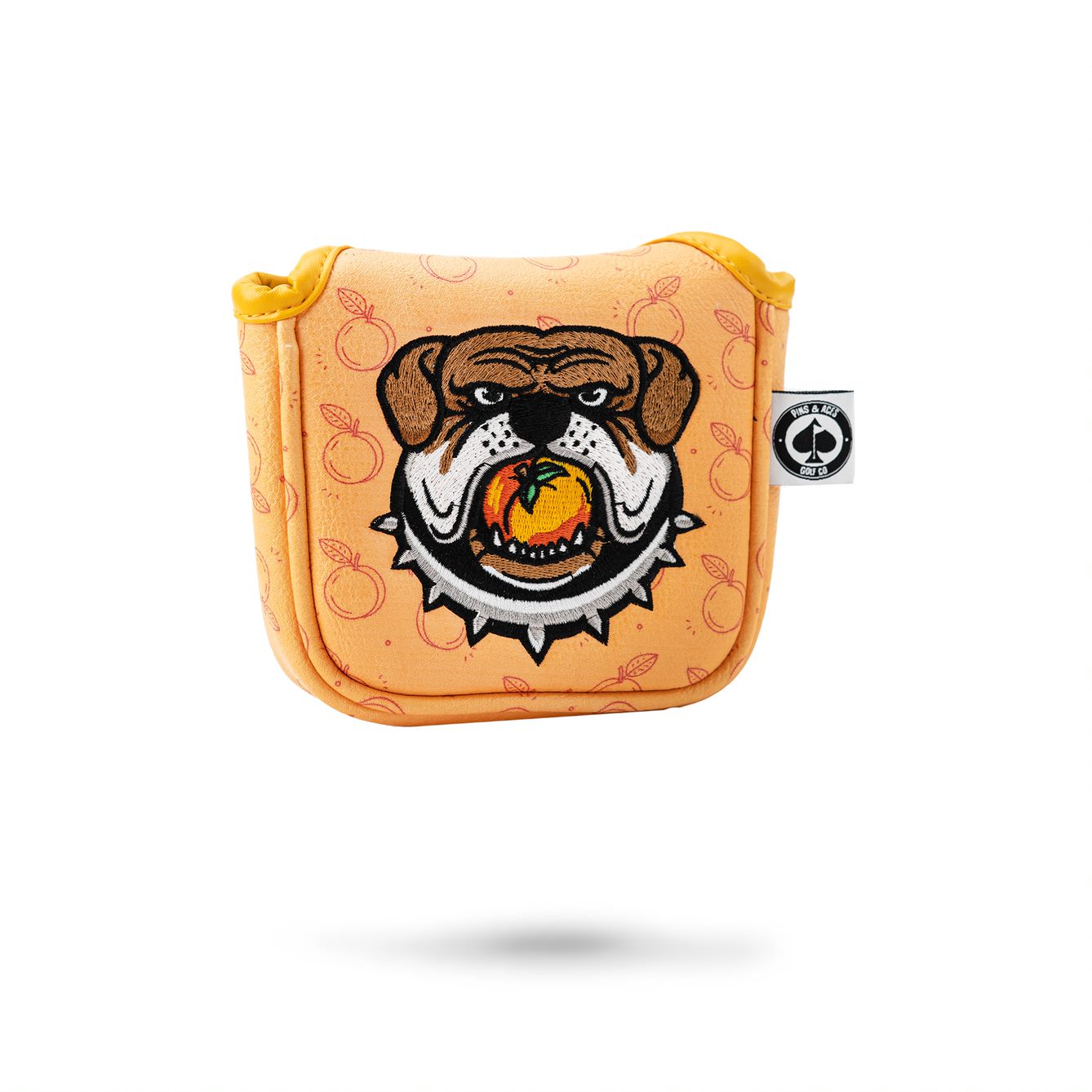 Bold orange mallet cover featuring a fierce bulldog design with an aggressive expression and a golf ball in its mouth.