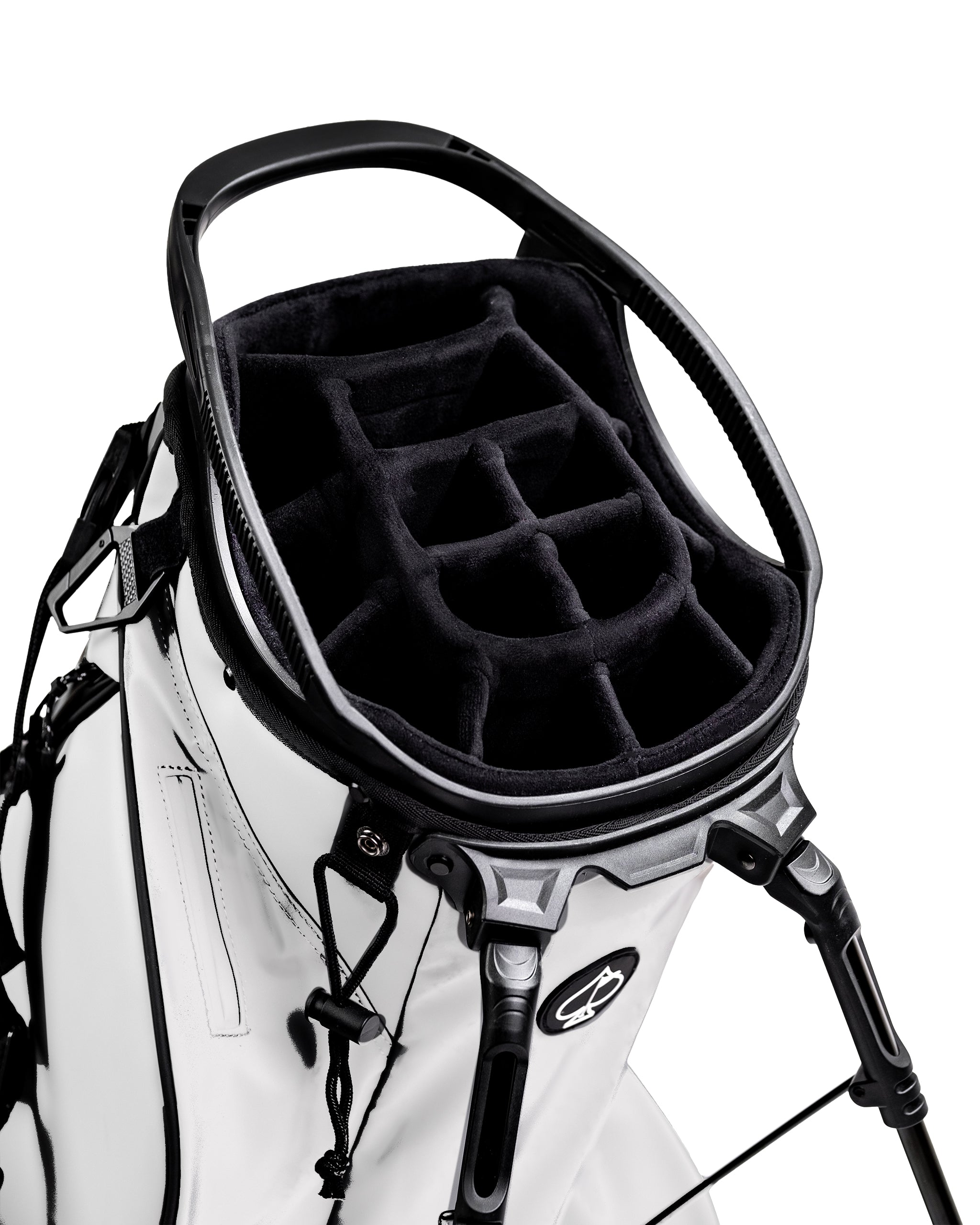 Player Preferred™ Golf Bag in Domino design, featuring a 14-slot top, multiple pockets, and a stylish black and white pattern.