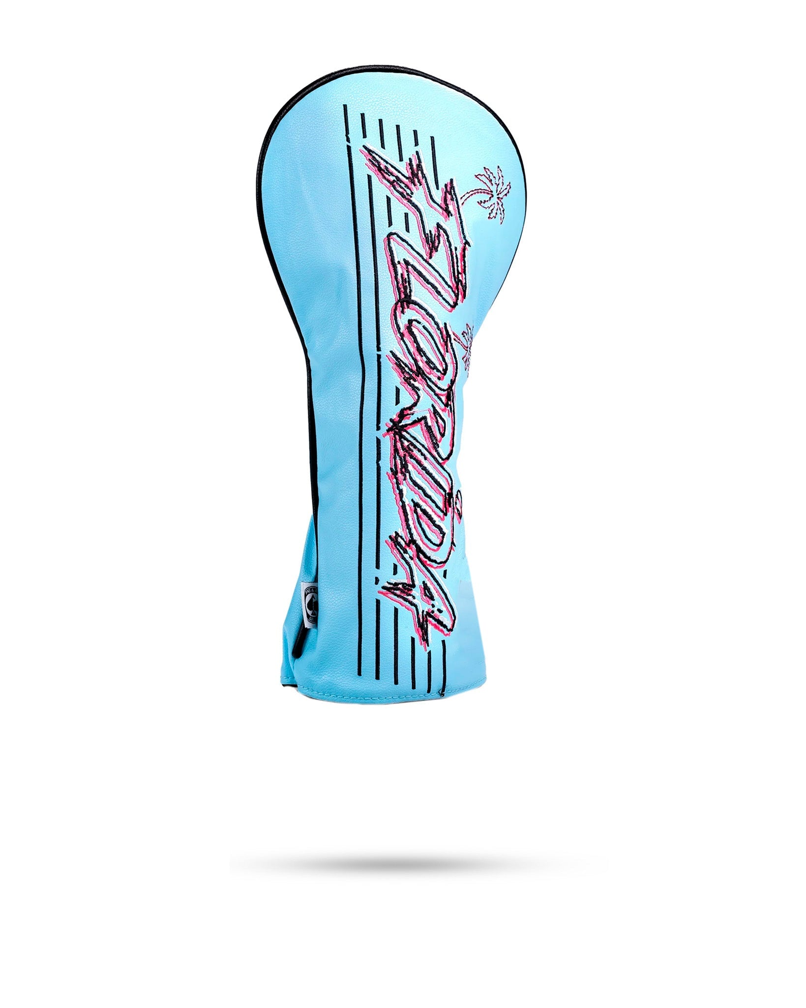 Bright blue fairway cover featuring a retro "Florida" design with palm trees, perfect for stylish golfers.