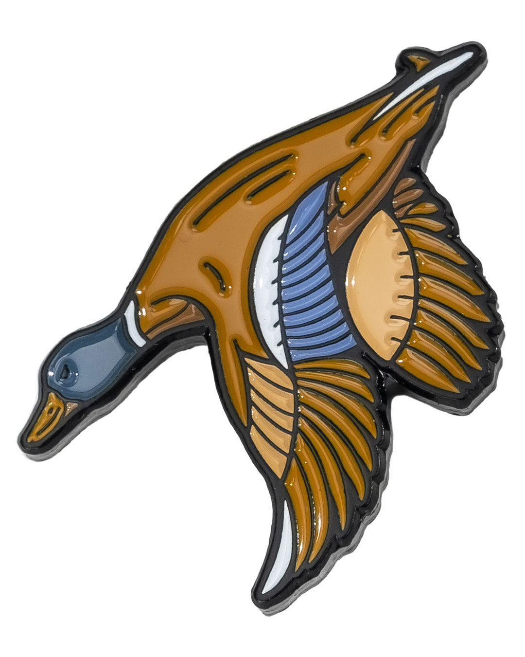 Colorful flying mallard ball marker featuring detailed wing and body designs, perfect for stylish golfers.