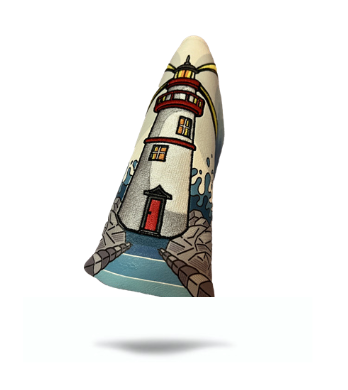 Great Lakes Blade Putter Cover featuring a colorful lighthouse design with waves and rocky shore details.