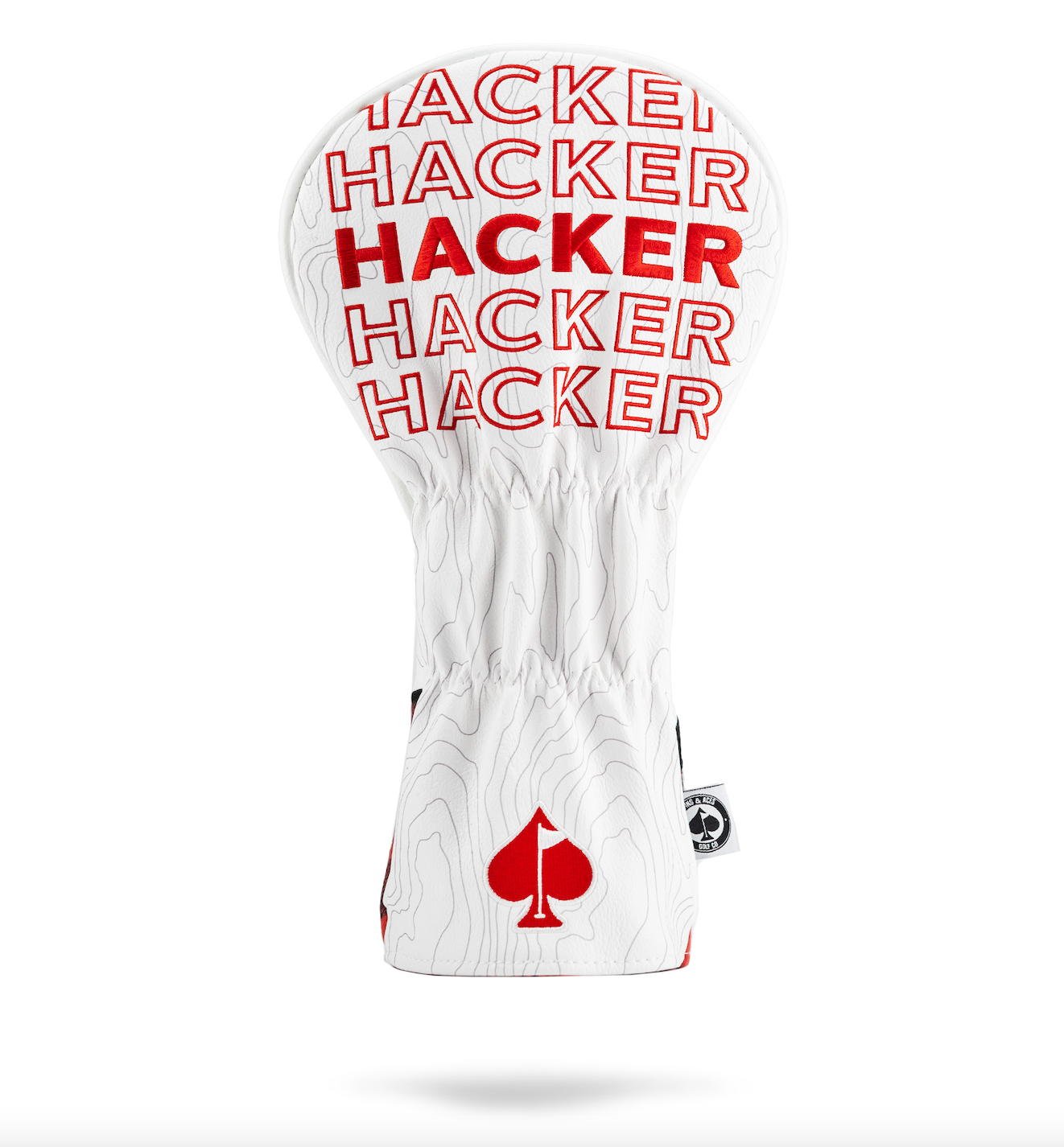Bold white driver cover featuring repeated "HACKER" text in red and a spade logo, designed for golfers who want to stand out.