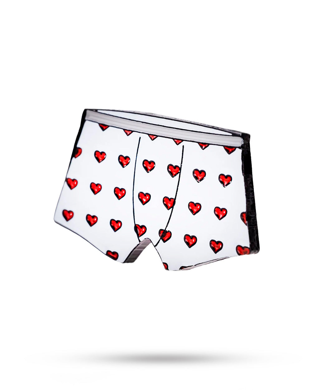 Heart Boxers Ball Marker featuring a playful design of white boxers with red heart patterns, perfect for adding fun to your golf game.