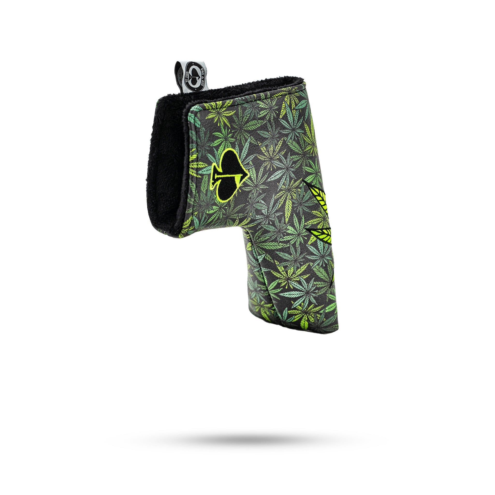 Bold blade putter cover featuring a vibrant leaf pattern, designed for high handicappers to stand out on the green.