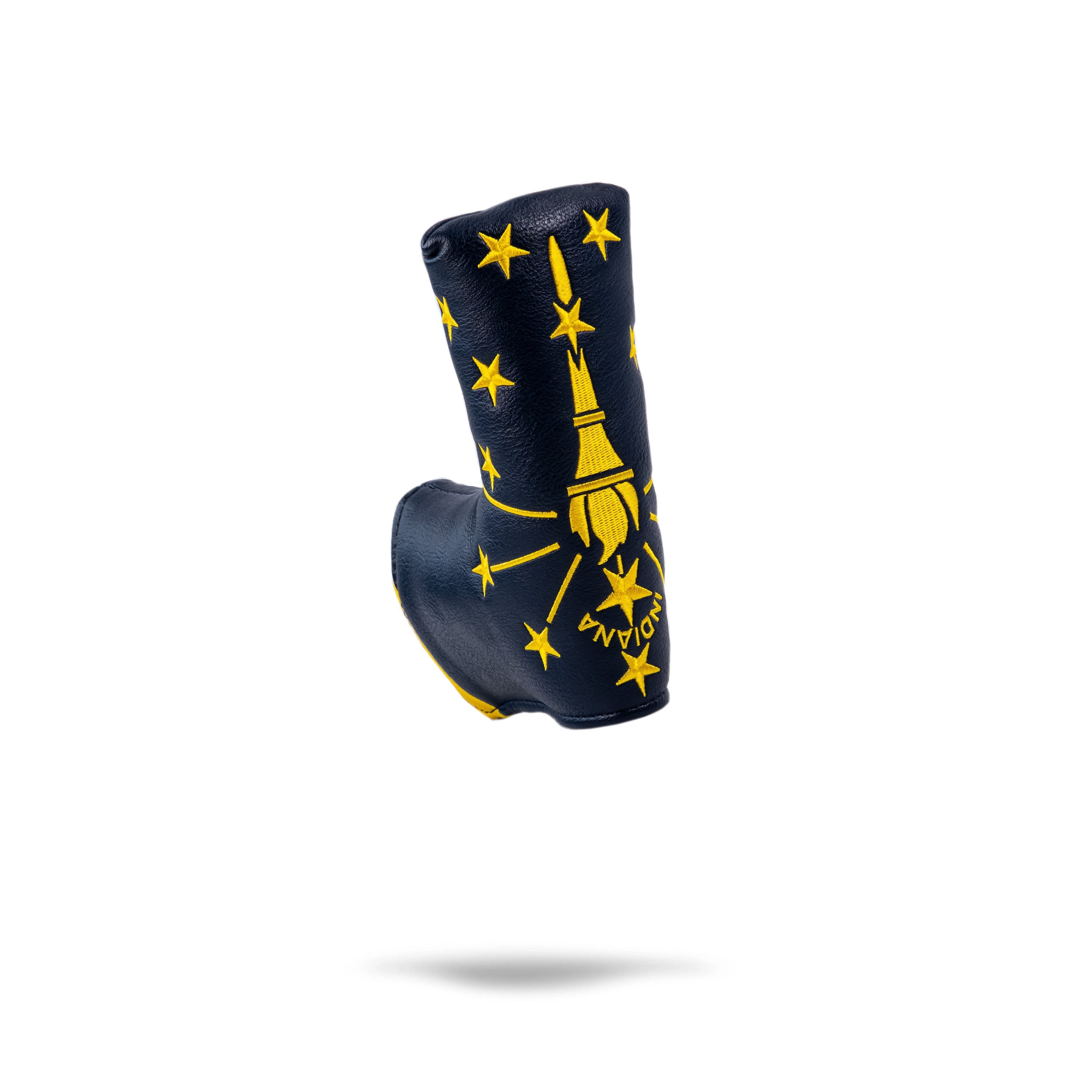 Indiana State Flag blade putter cover featuring a navy background with yellow stars and torch design for bold golf style.