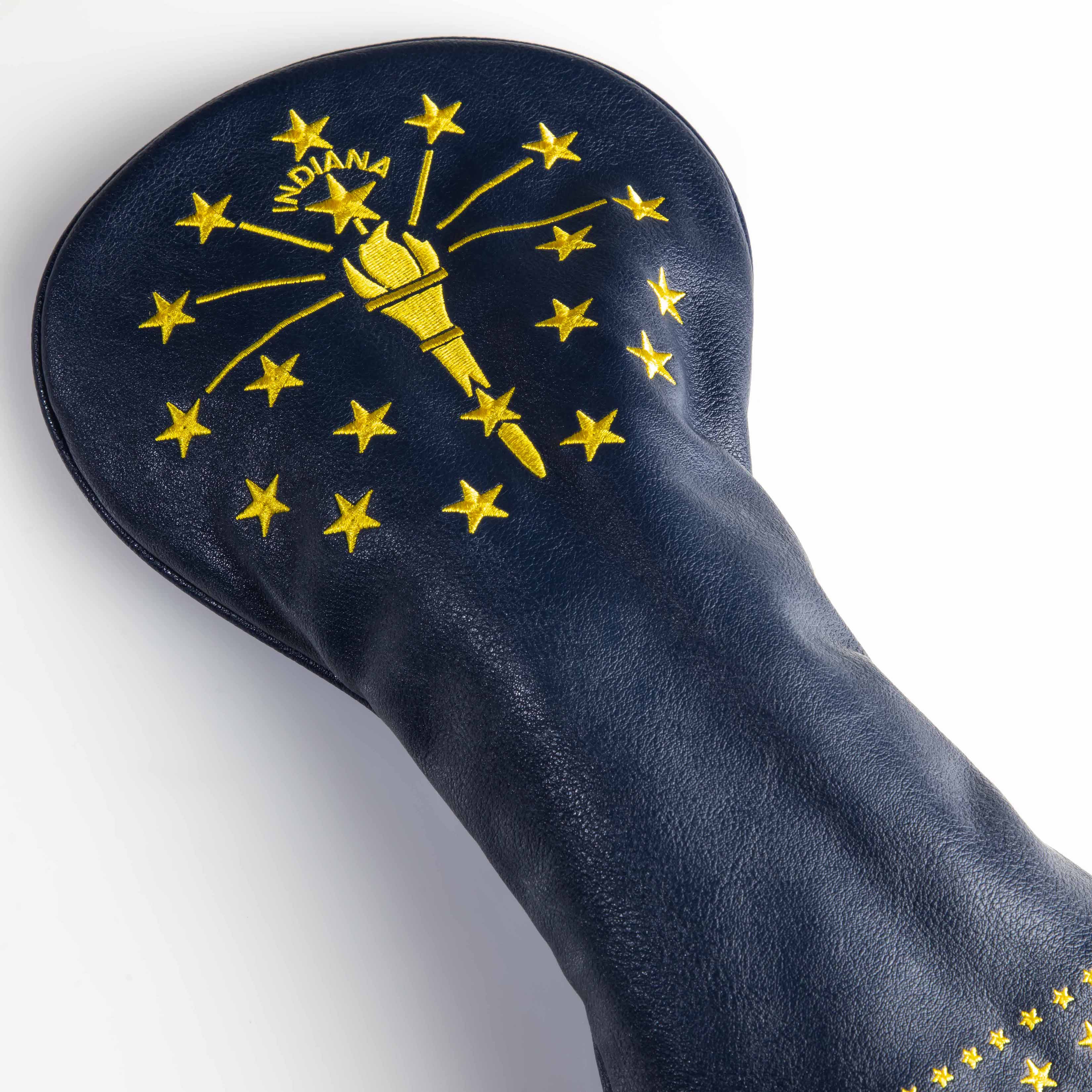 Indiana State Flag driver cover featuring a gold torch and stars on a navy background, perfect for stylish golfers.