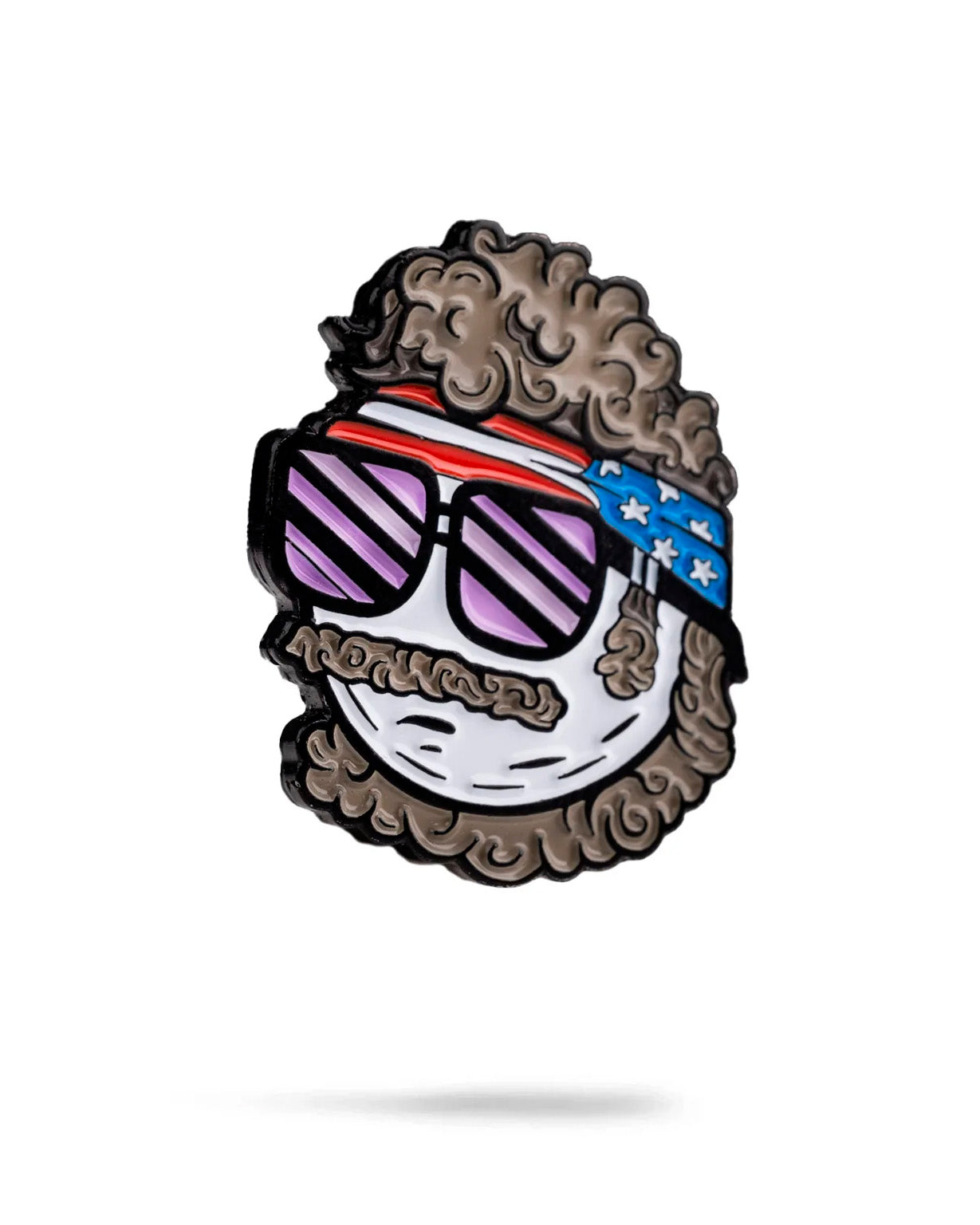 Bold ball marker featuring a cartoon character with curly hair, sunglasses, and a patriotic headband, perfect for golfers.