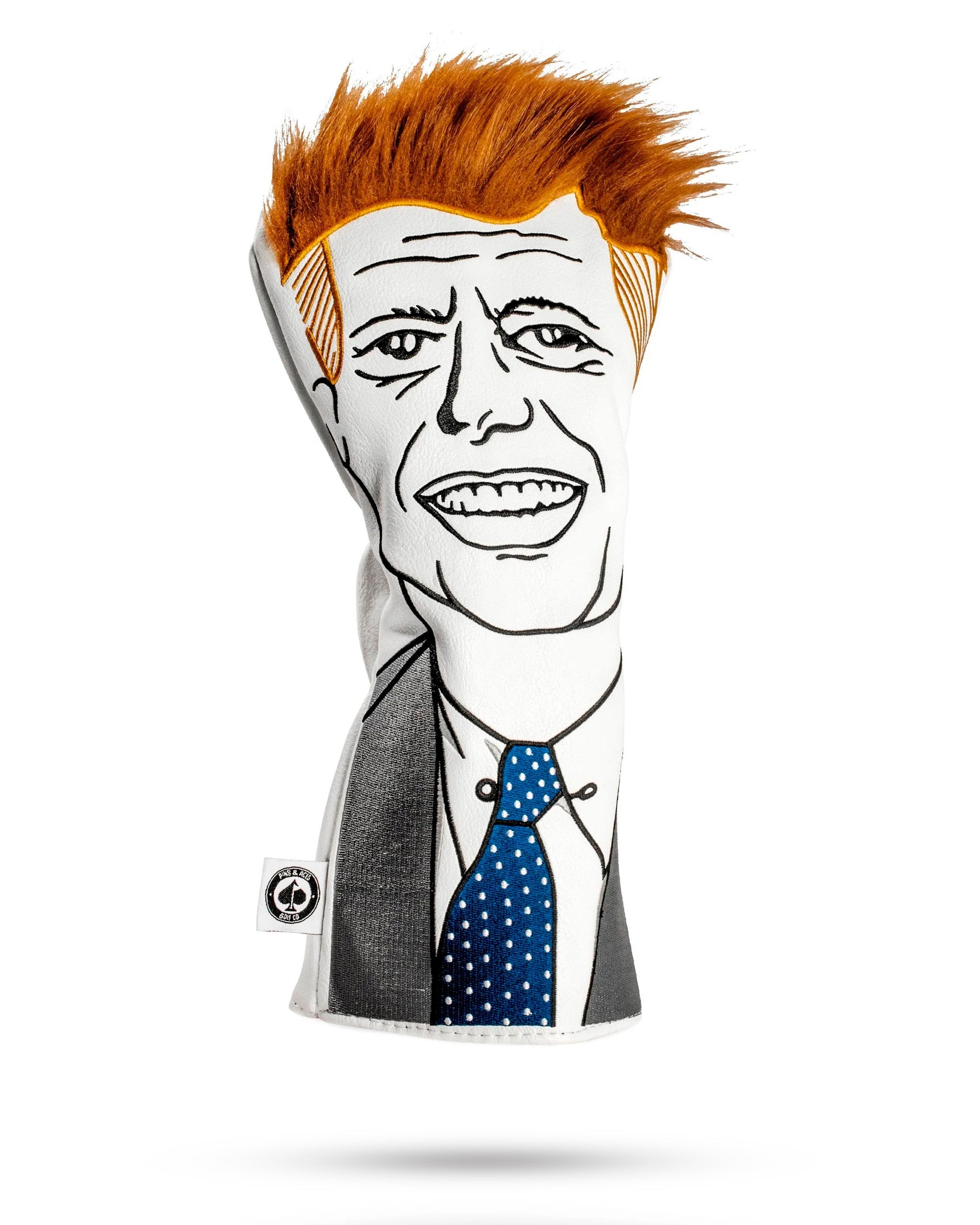 Bold driver cover featuring a stylized illustration of JFK with distinctive hair and a suit, perfect for unique golf style.