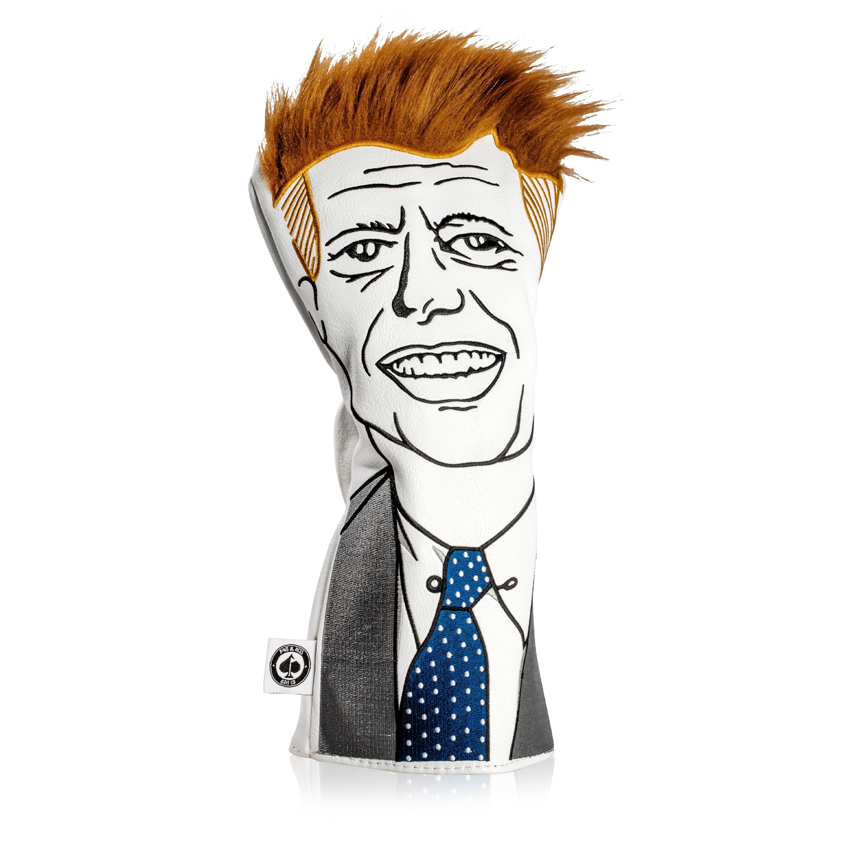 Unique driver cover featuring a cartoon illustration of JFK with signature hairstyle and suit, perfect for standout golf style.