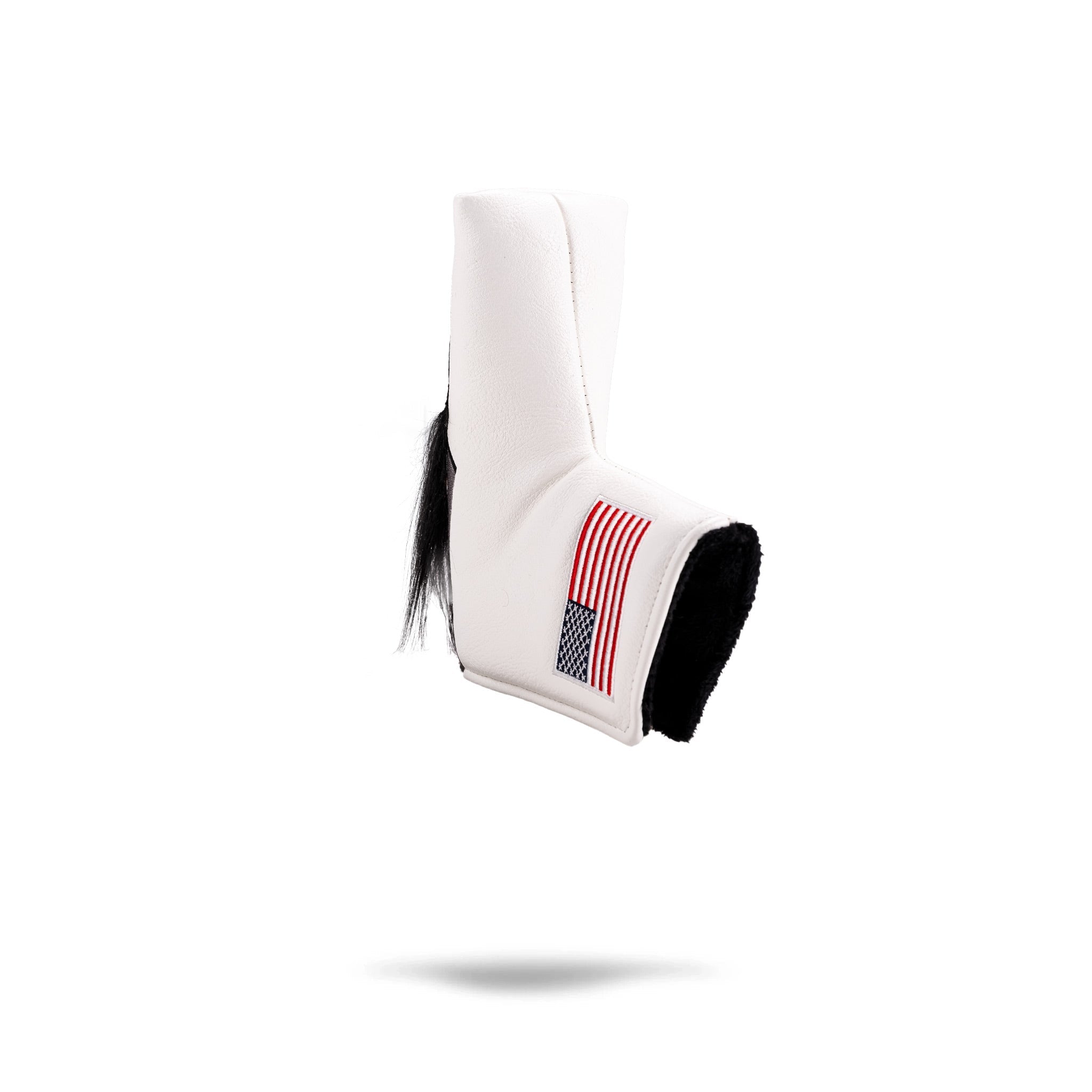 White blade putter cover featuring a faux fur lining and an American flag design, perfect for stylish golfers.