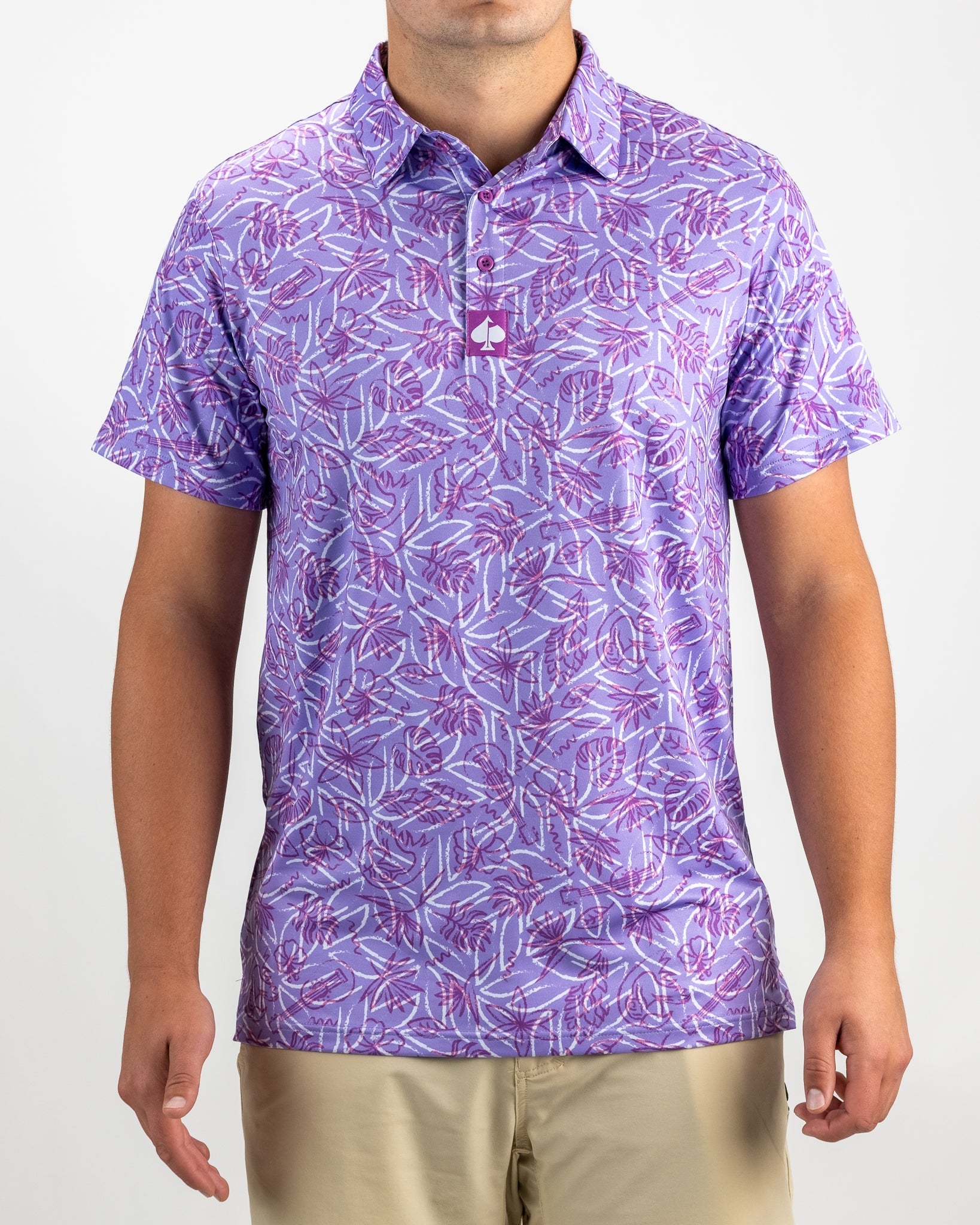 Men's Margaritaville 5 O'Clock Sunset polo shirt featuring a vibrant purple leaf pattern, perfect for stylish golf outings.