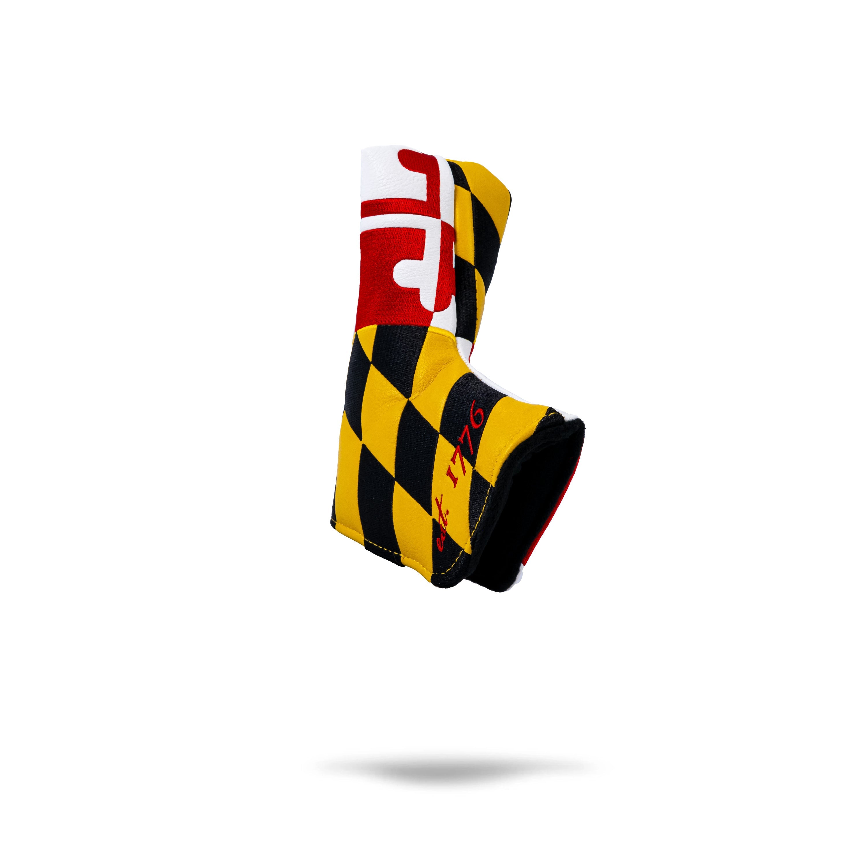 Bold Maryland blade putter cover featuring a striking black and yellow checkered design with red accents.