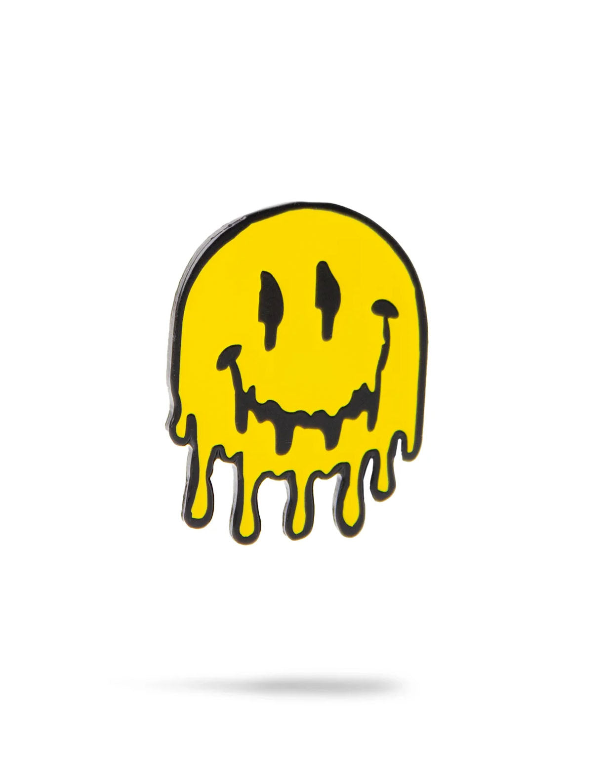 Bright yellow melting smiley face ball marker with black outlines and dripping details, perfect for adding flair to your golf game.