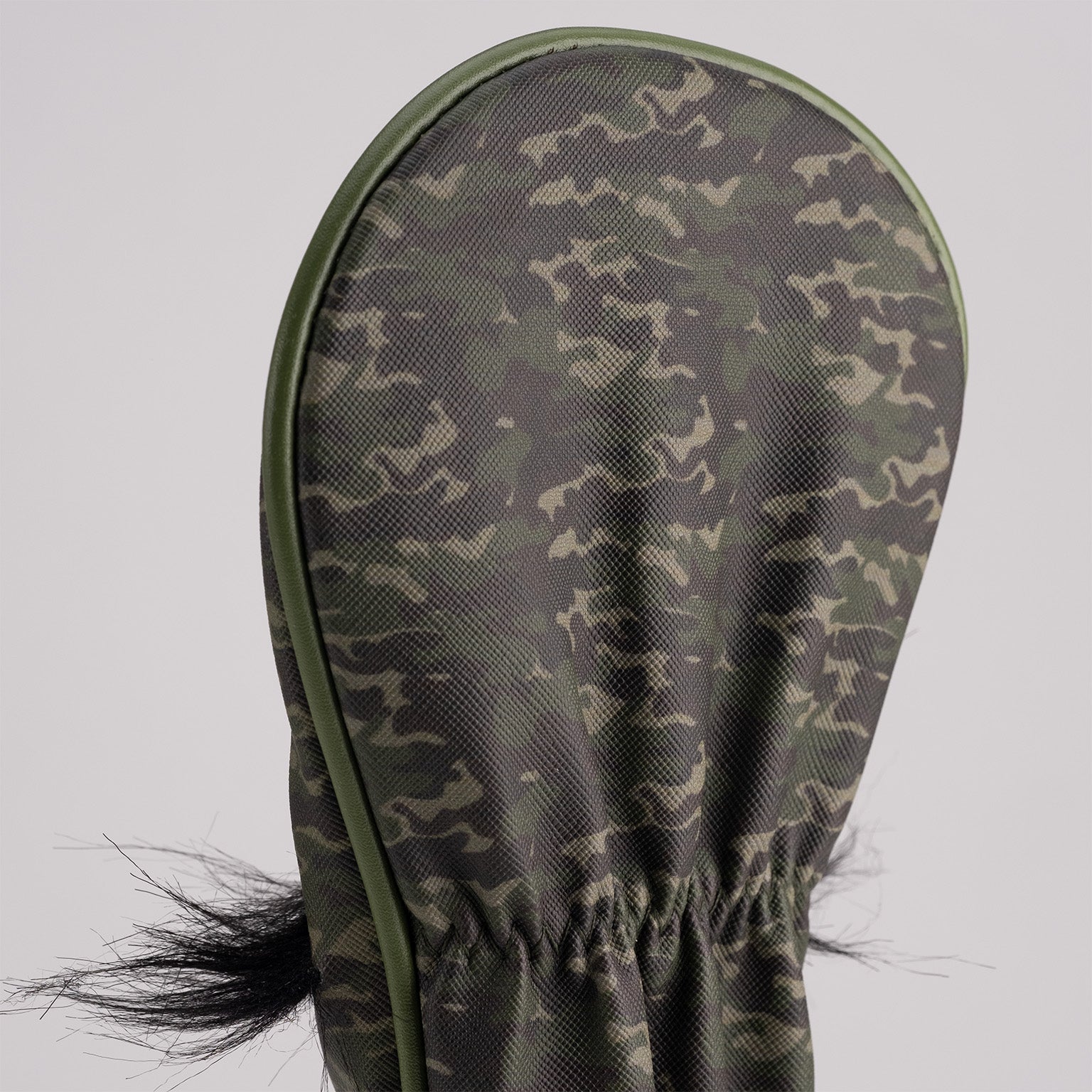 Green camo fairway cover featuring a mustache sugar skull design, perfect for adding personality to your golf game.
