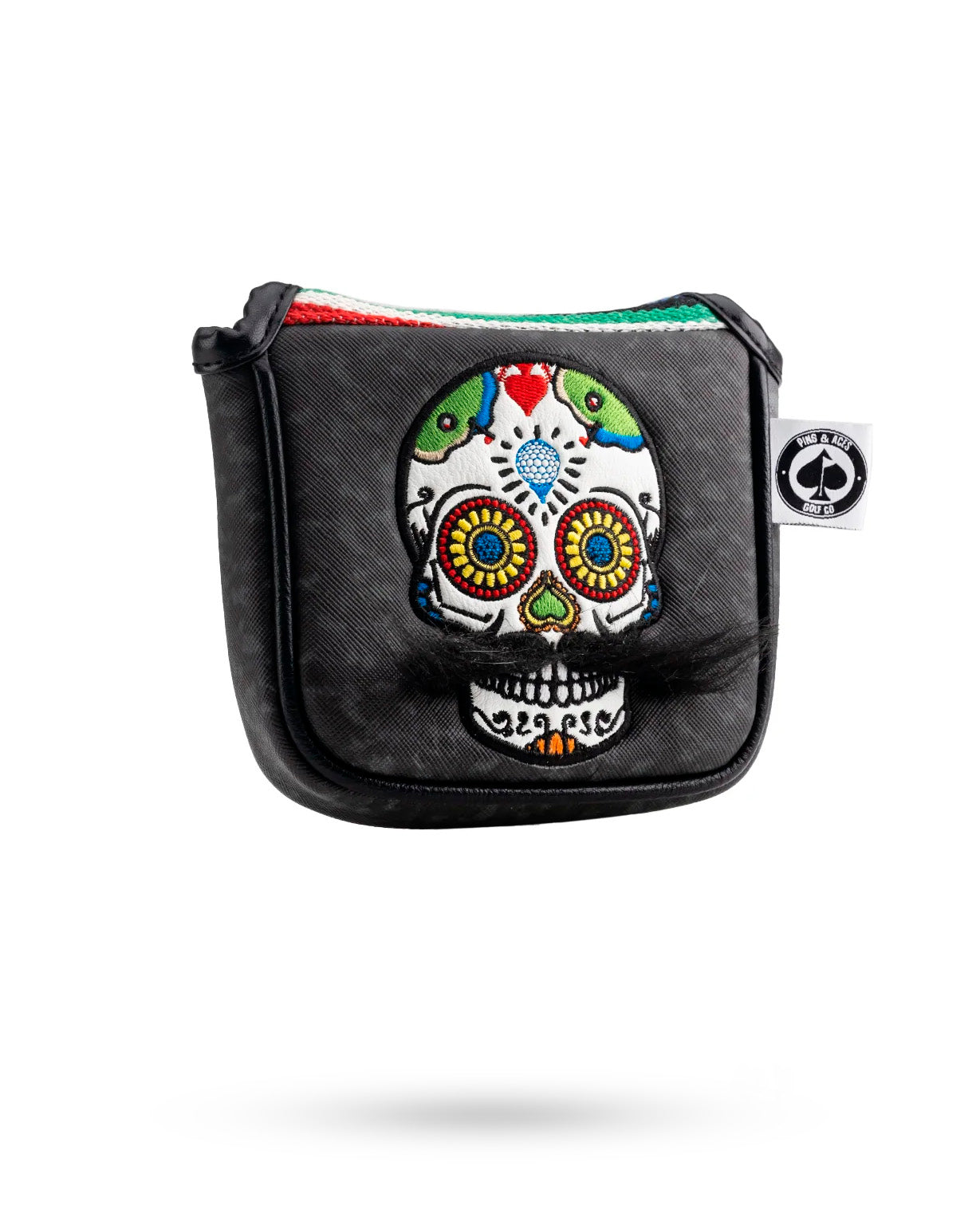 Gray camo mallet putter cover featuring a colorful mustache sugar skull design, perfect for bold golfers.