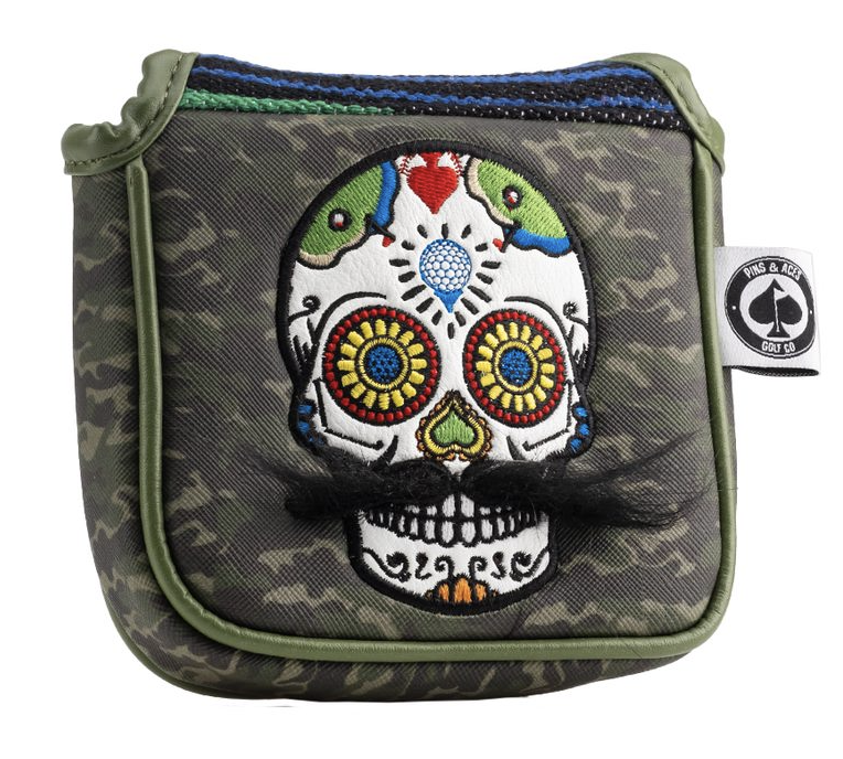 Green camo mallet putter cover featuring a colorful mustache sugar skull design with intricate embroidery.