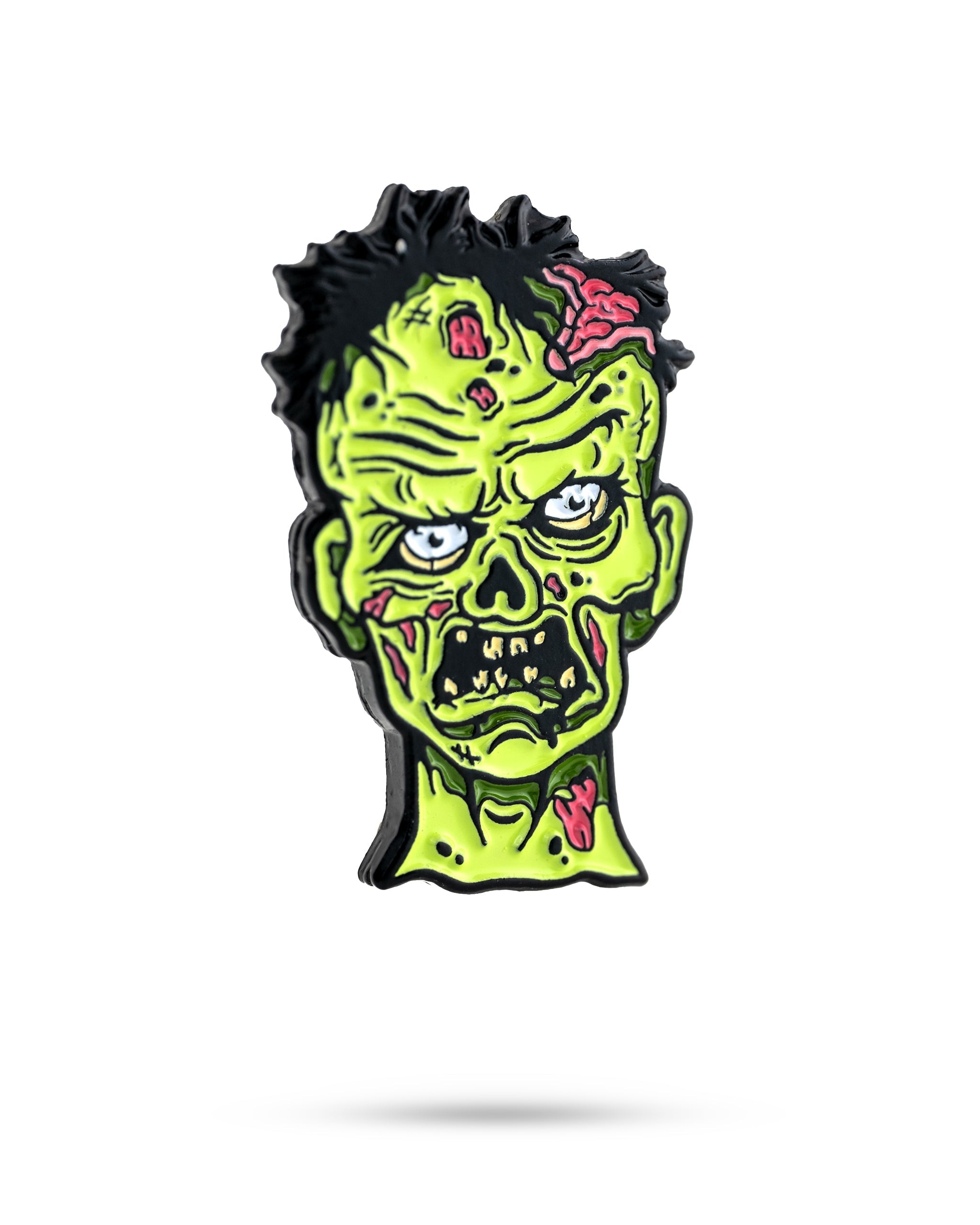 Bold zombie-themed ball marker featuring a green zombie head with detailed facial features and vibrant colors.