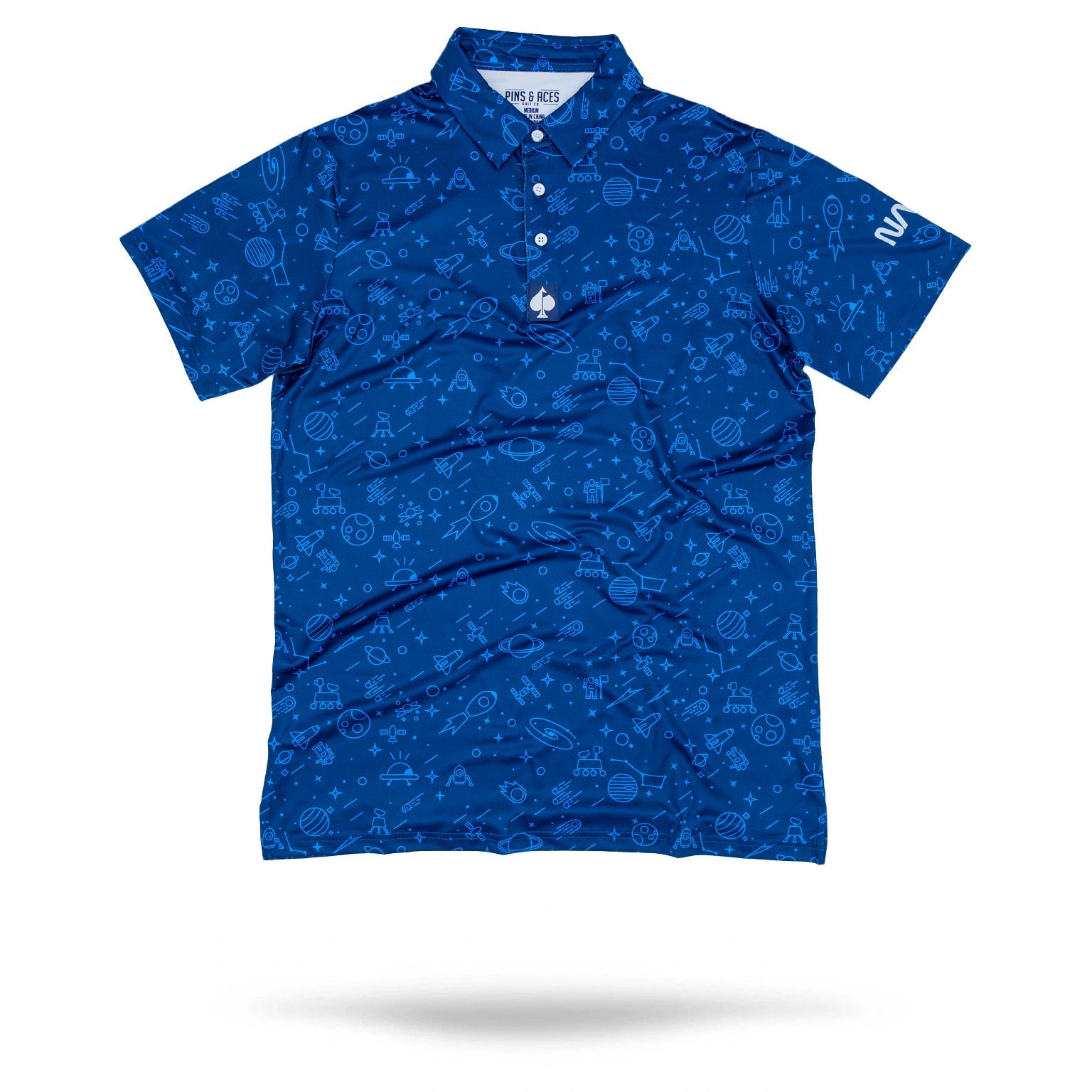 Bold blue NASA polo featuring a playful space-themed pattern with planets, rockets, and stars, perfect for golf enthusiasts.