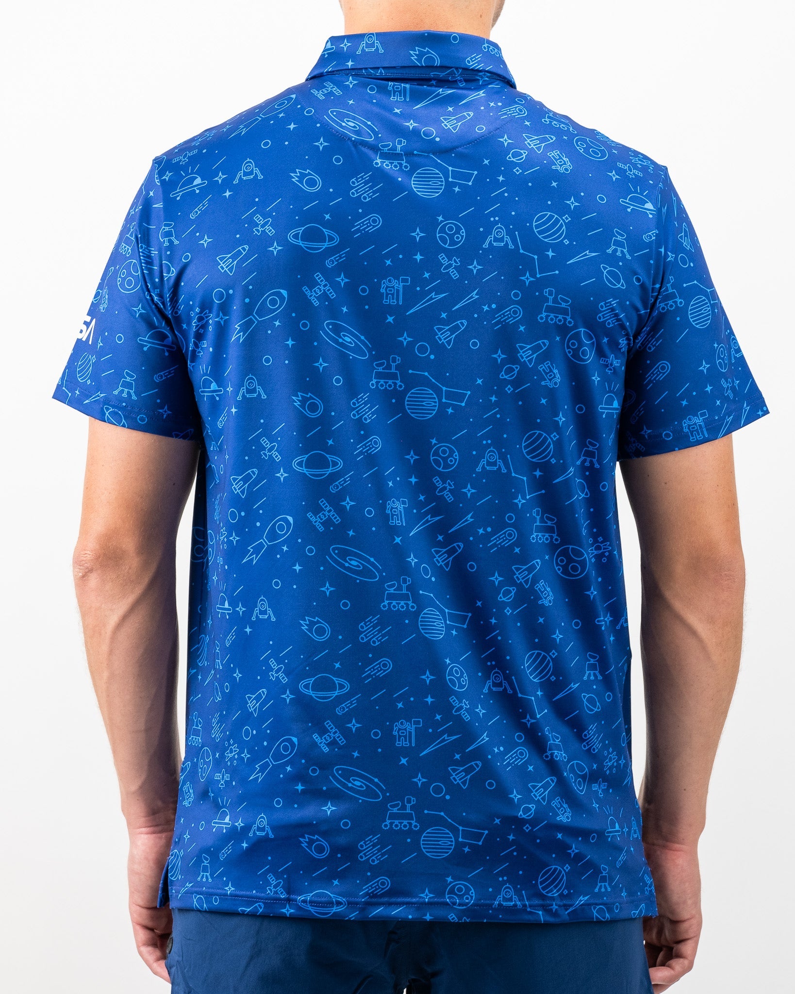 Men's NASA polo shirt featuring a blue design with space-themed graphics, perfect for stylish golf outings.