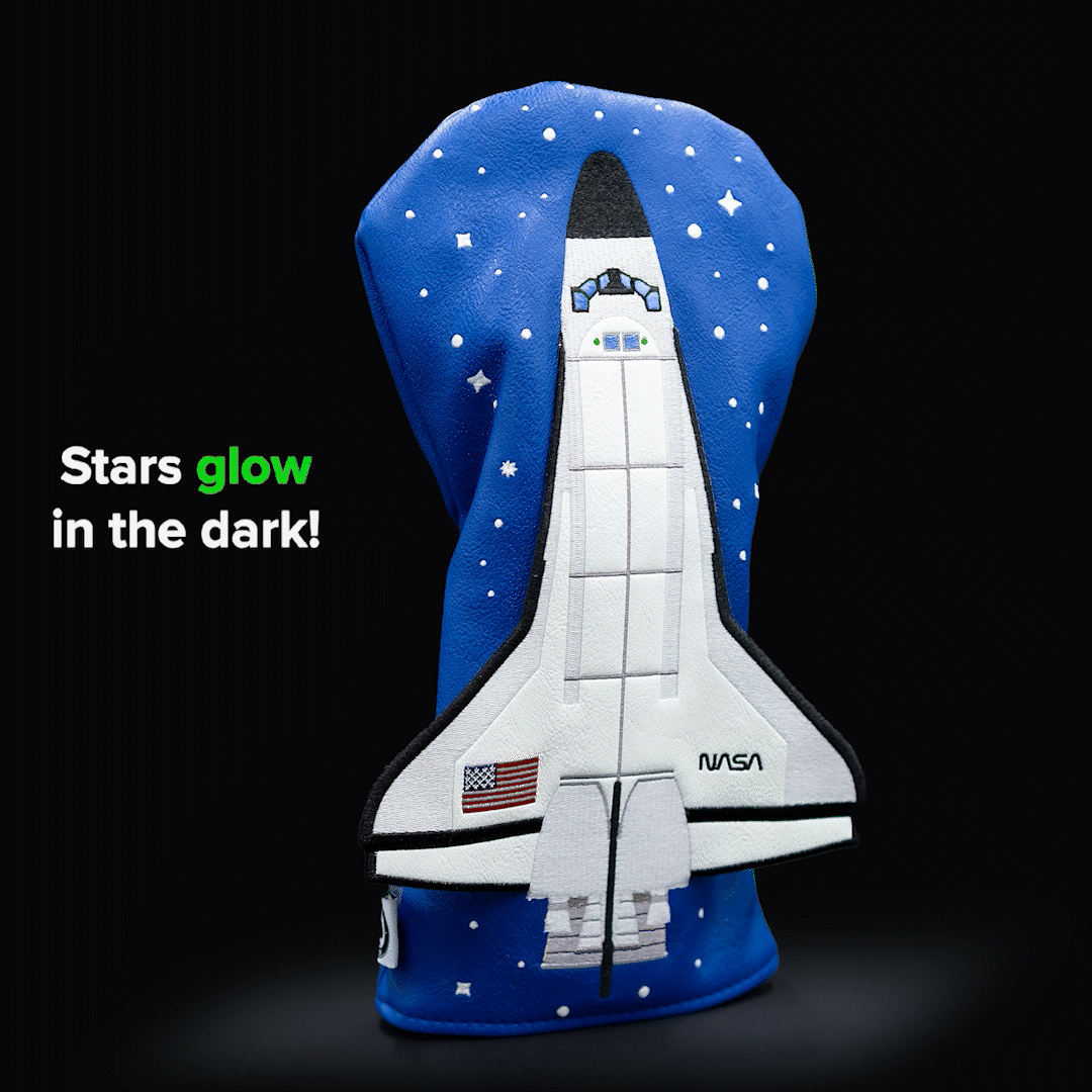 NASA Space Shuttle driver cover featuring a vibrant design with glowing stars, perfect for standout golf style.