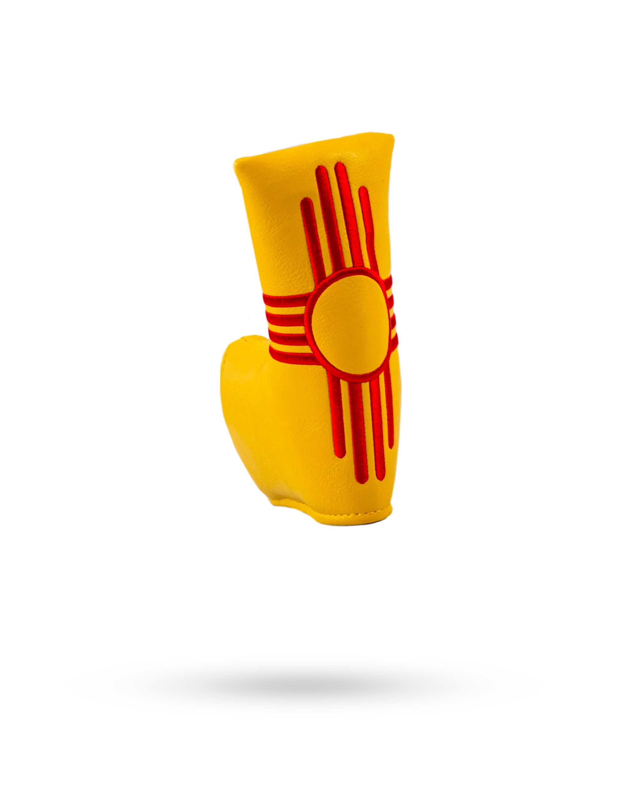 New Mexico State Flag Blade Putter Cover featuring a vibrant yellow design with red Zia sun symbol. Perfect for golfers.