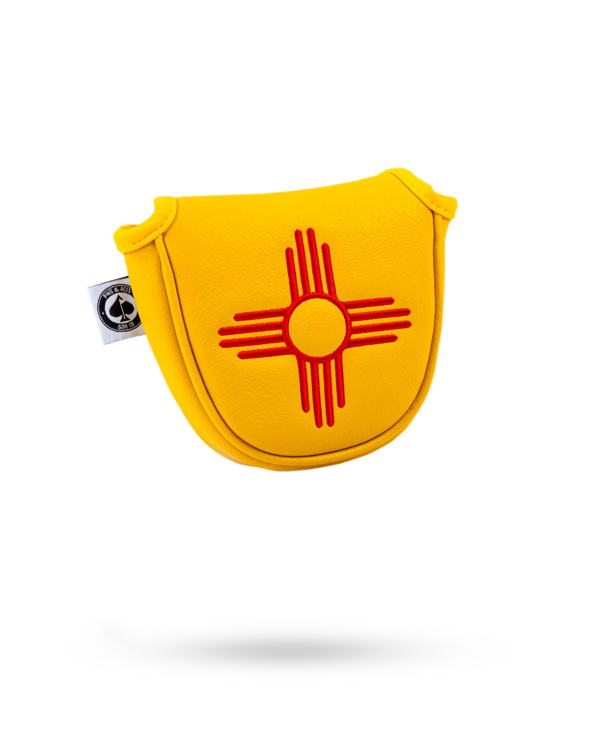 New Mexico State Flag mallet putter cover in vibrant yellow with red sun symbol, perfect for stylish golf accessories.