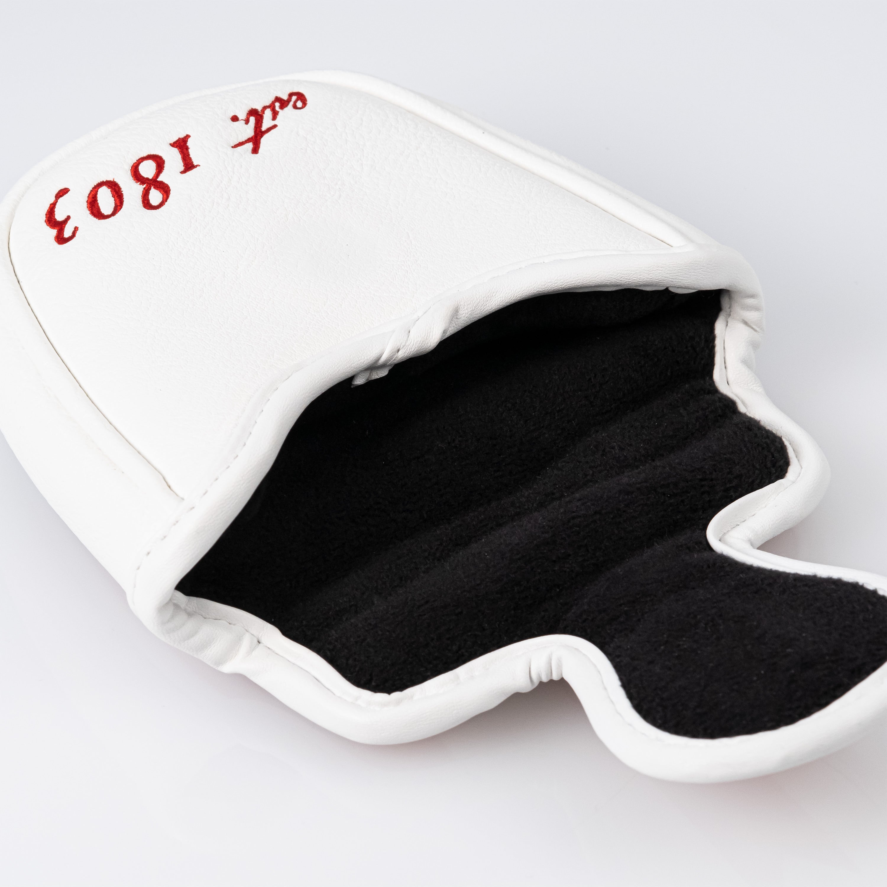 Ohio State flag mallet putter cover in white leather with a soft black interior, featuring red embroidered text.