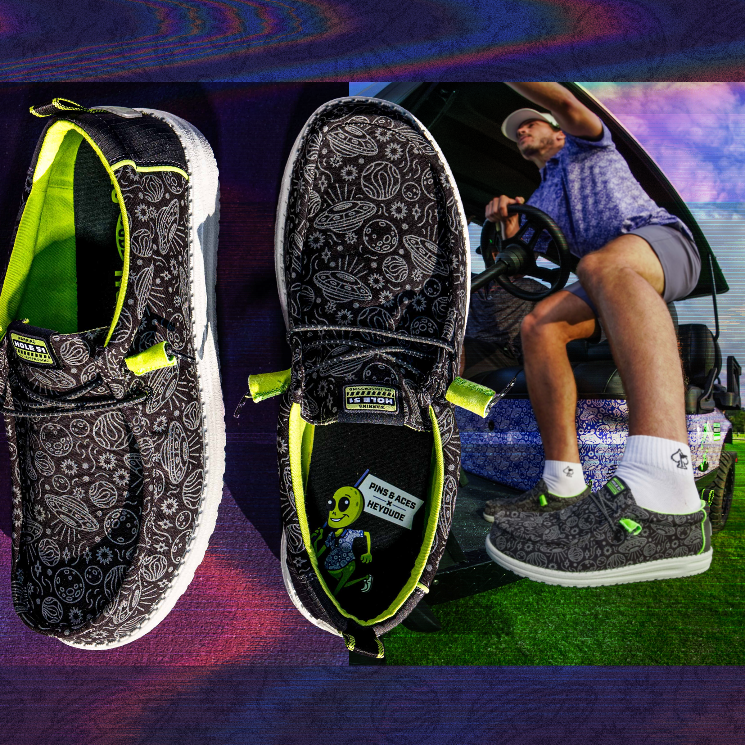 Black and white space-themed golf shoe and headcover set with neon green accents, featuring bold, playful designs for stan...