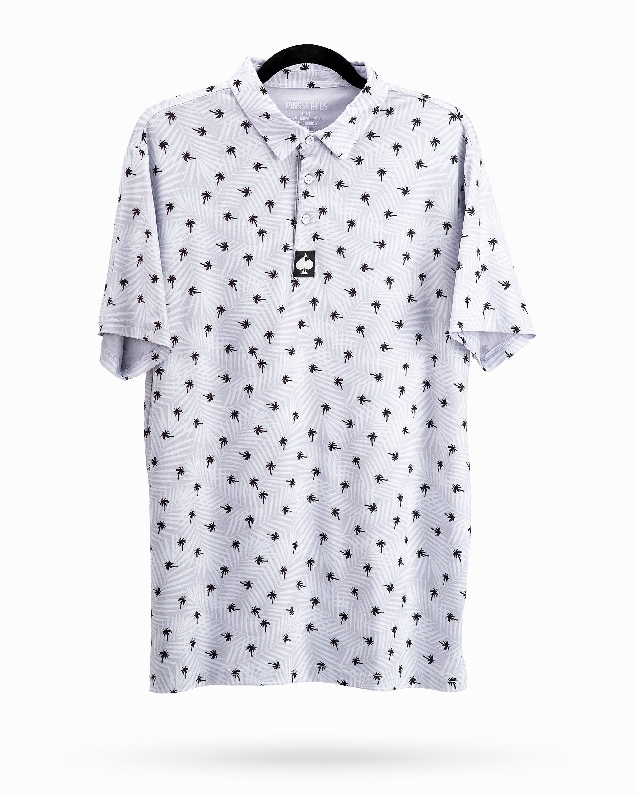 Lightweight polo shirt featuring a palm tree pattern on a white background, ideal for stylish golf outings.