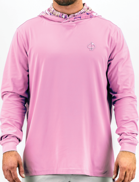 Men's performance golf hoodie in flamingo pink with a unique shatter pattern on the hood, ideal for stylish golfers.