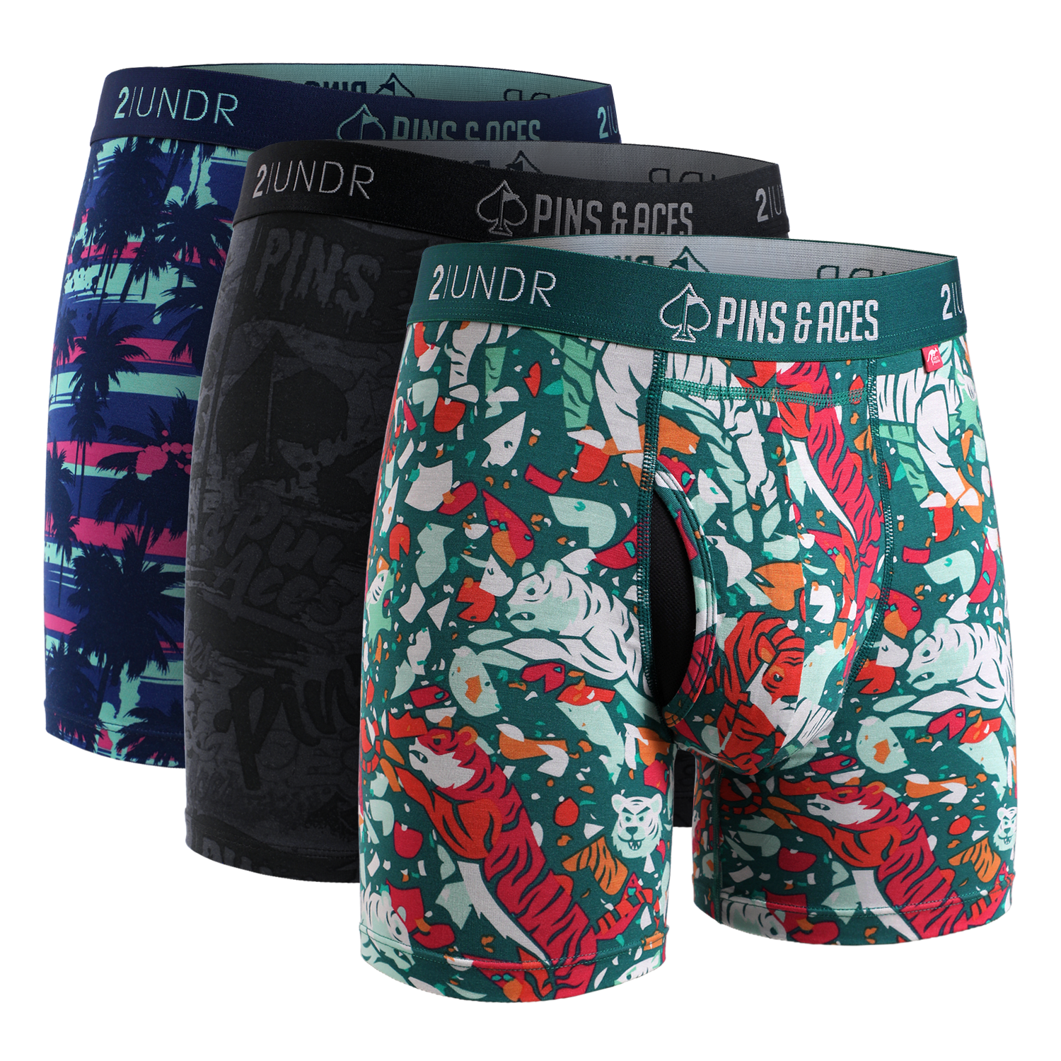 Colorful 2UNDR x P&A Swing Shift 6" box briefs in a three-pack featuring vibrant patterns and comfortable fit for golfers.