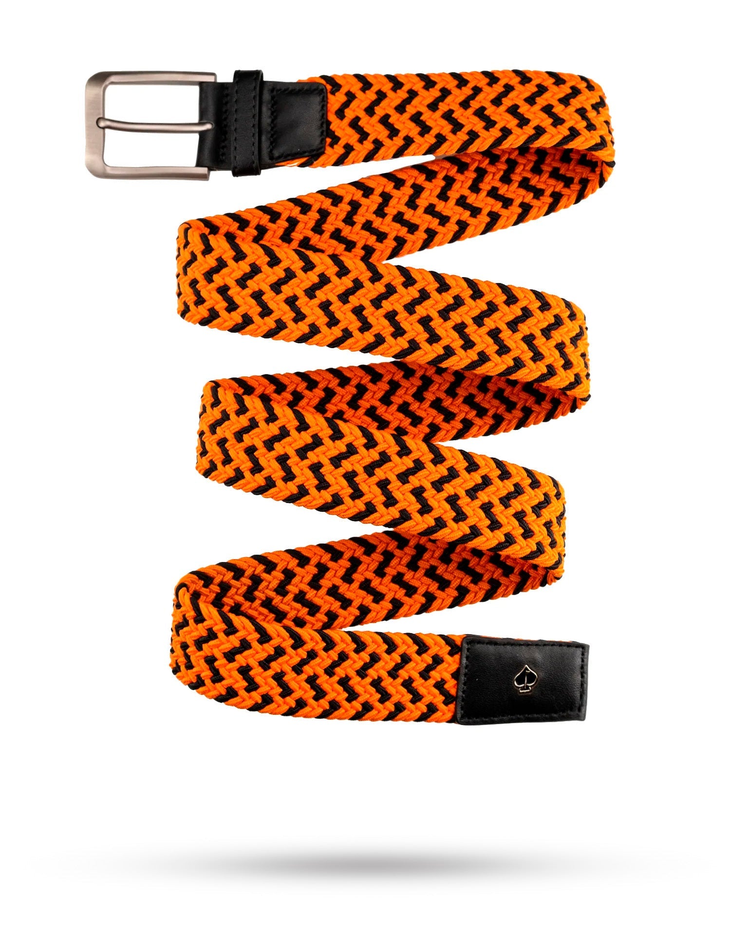 Bold orange and black patterned Pins Belt with a sleek metal buckle, perfect for adding flair to golf attire.