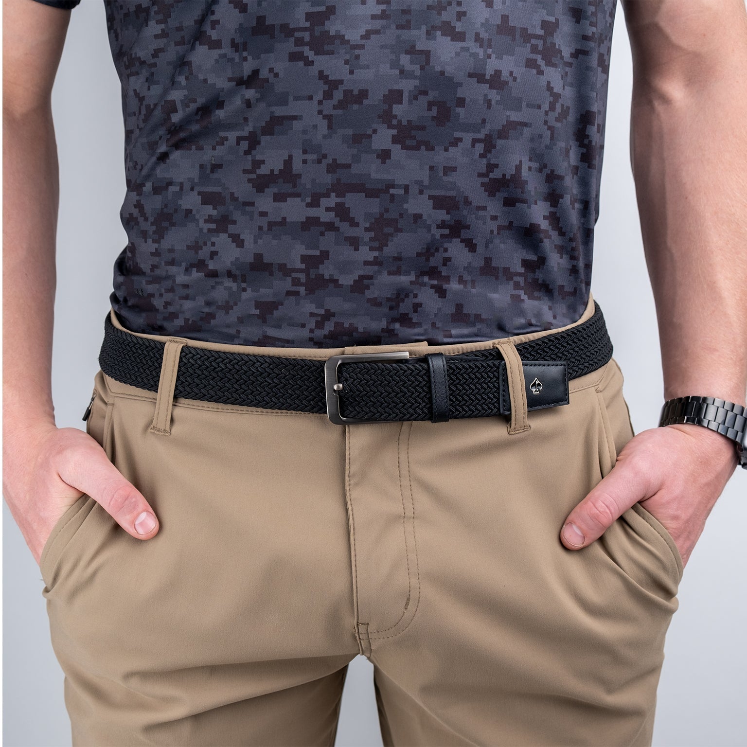 Stylish red, white, and blue Pins Belt worn with khaki pants, perfect for golfers wanting to stand out on the course.