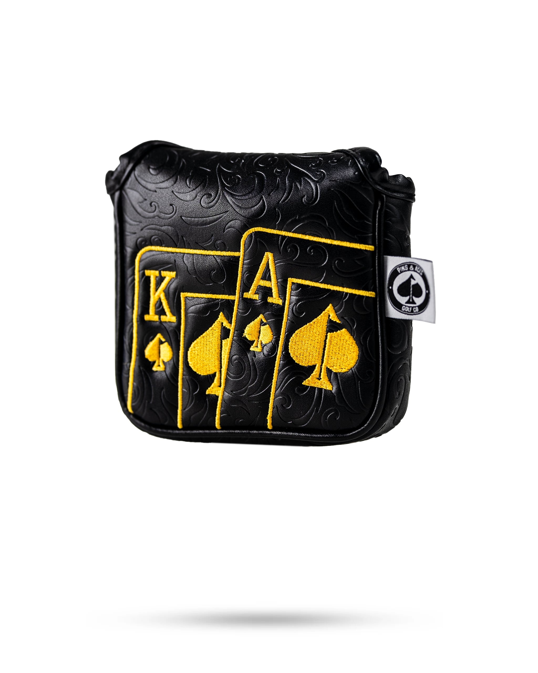 Black and gold mallet putter cover featuring an Ace of Spades design with embossed playing cards for a bold golf statement.
