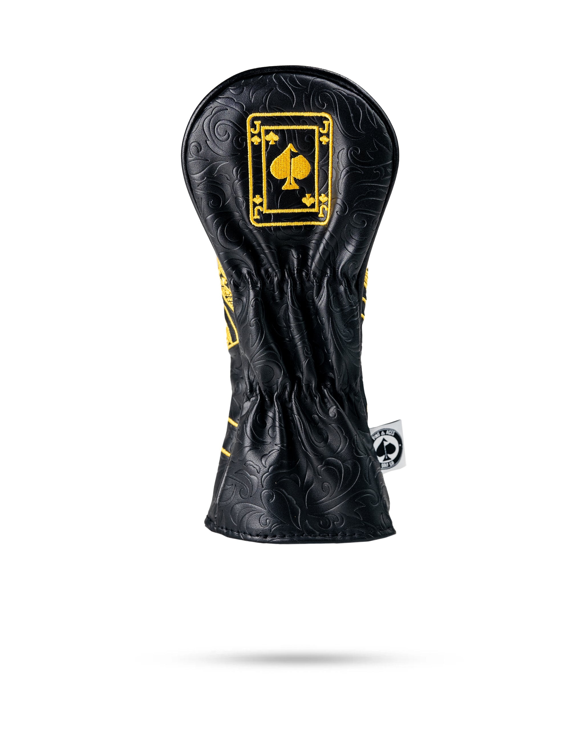 Black and gold hybrid golf club cover featuring a Jack of Spades design with intricate detailing for a bold look.
