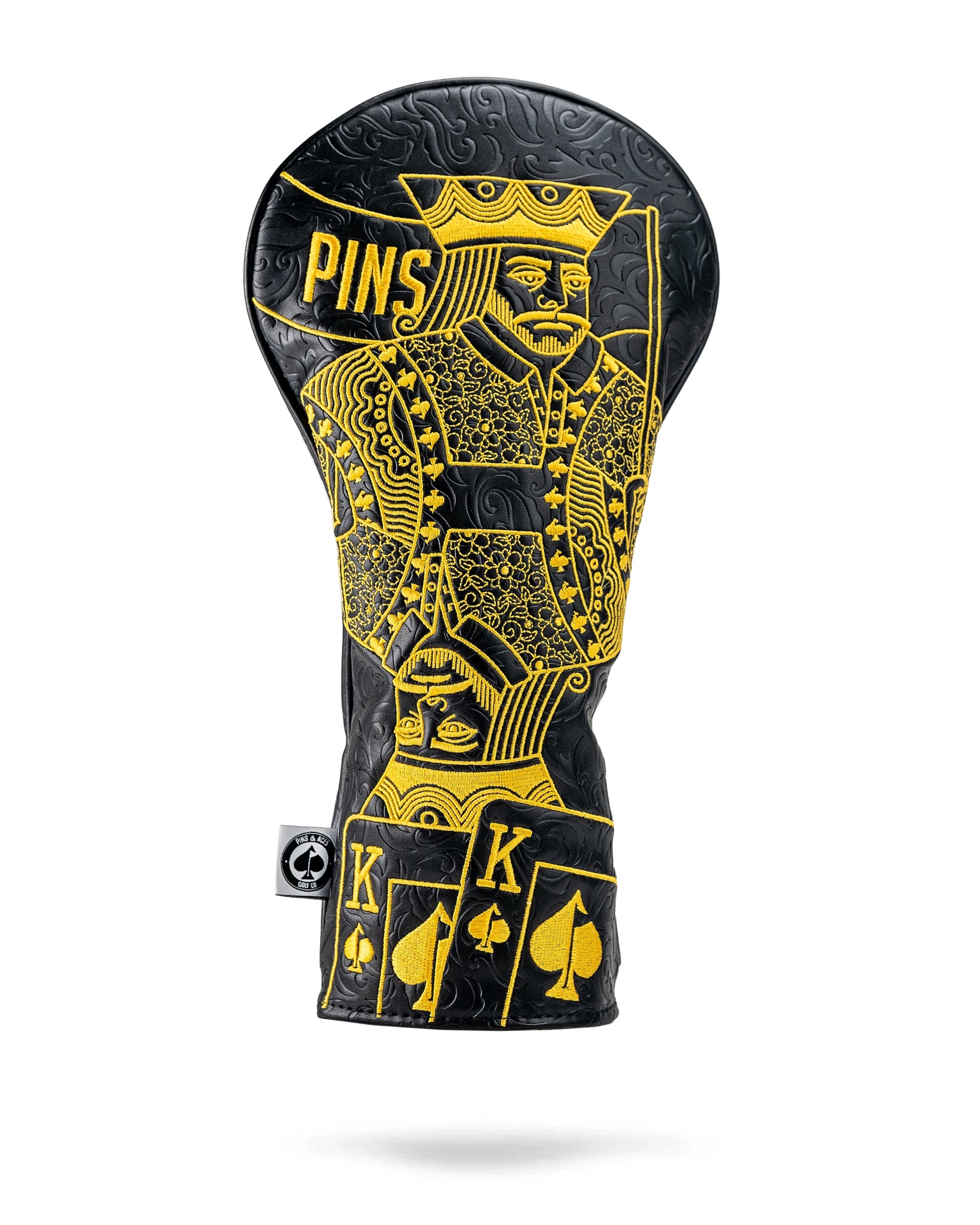 Black and gold driver cover featuring a King of Spades design, perfect for golfers seeking a bold, unique accessory.