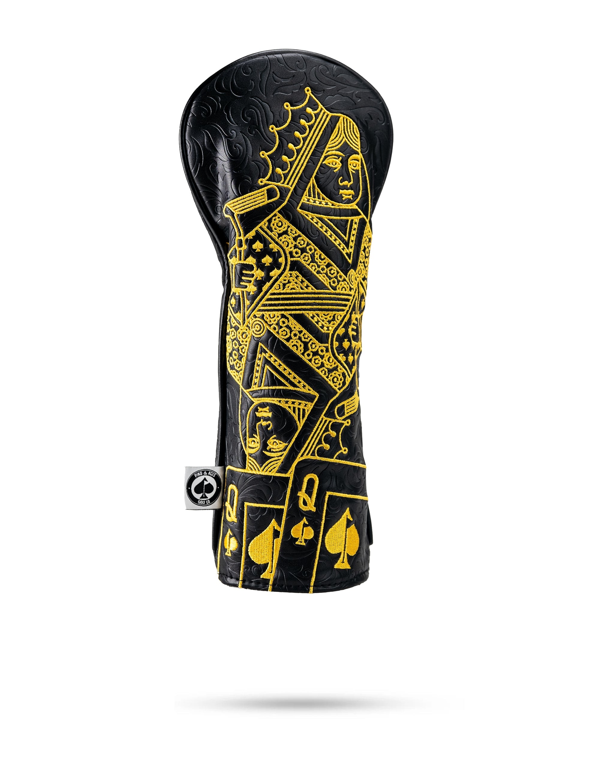 Black and gold fairway cover featuring a detailed Queen of Spades design, perfect for stylish golfers.