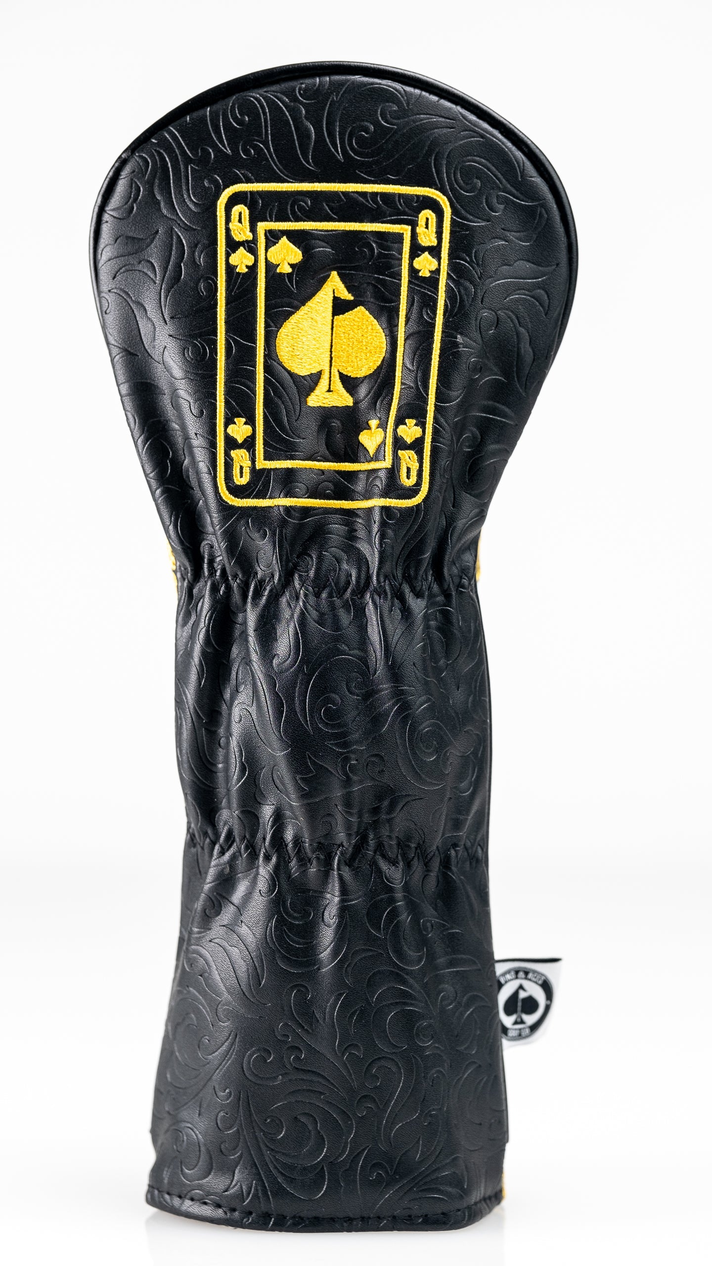 Black and gold Queen of Spades fairway cover featuring an embossed design and a stylish playing card motif.
