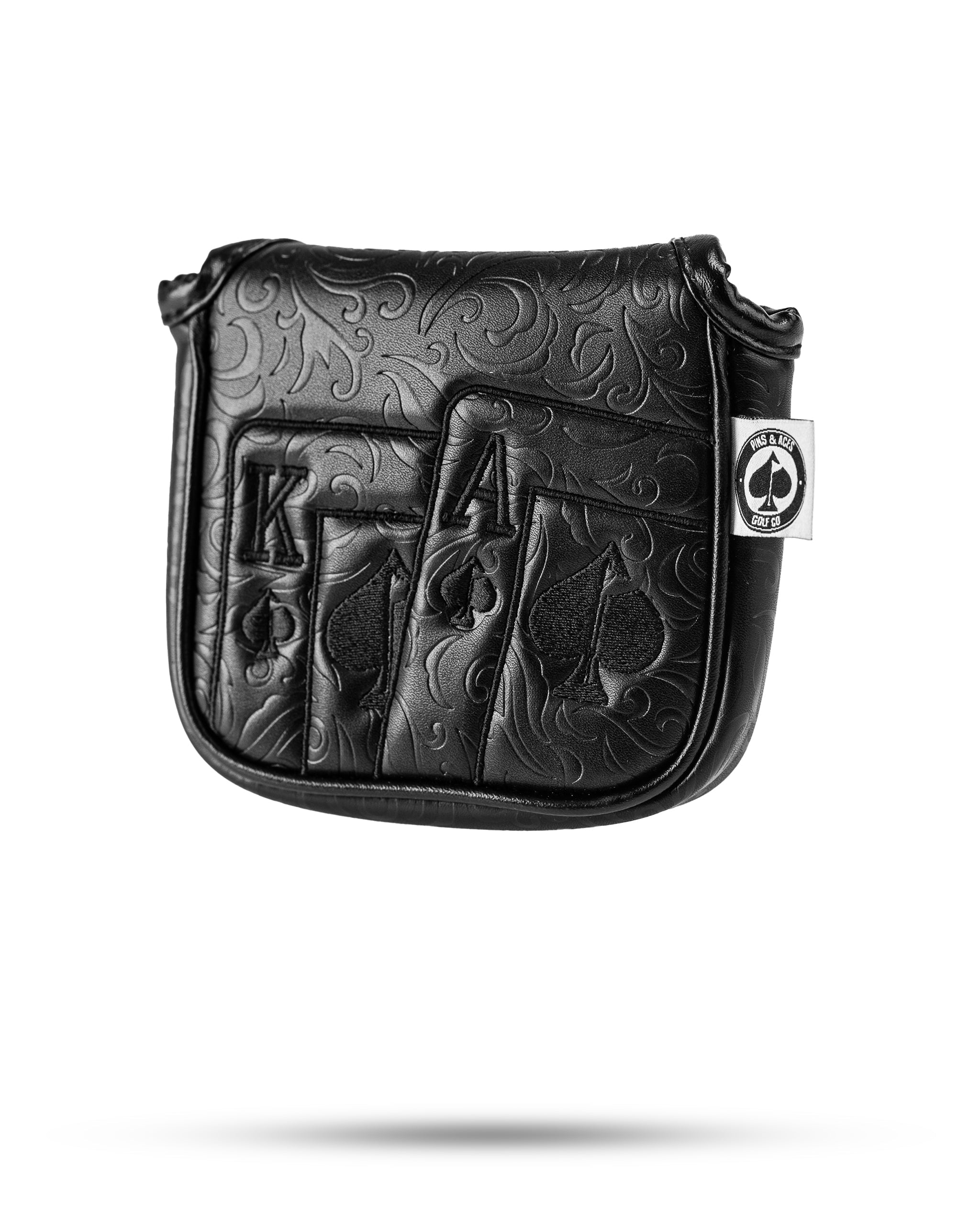 Blackout Ace of Spades mallet putter cover featuring embossed card designs, perfect for stylish golfers.