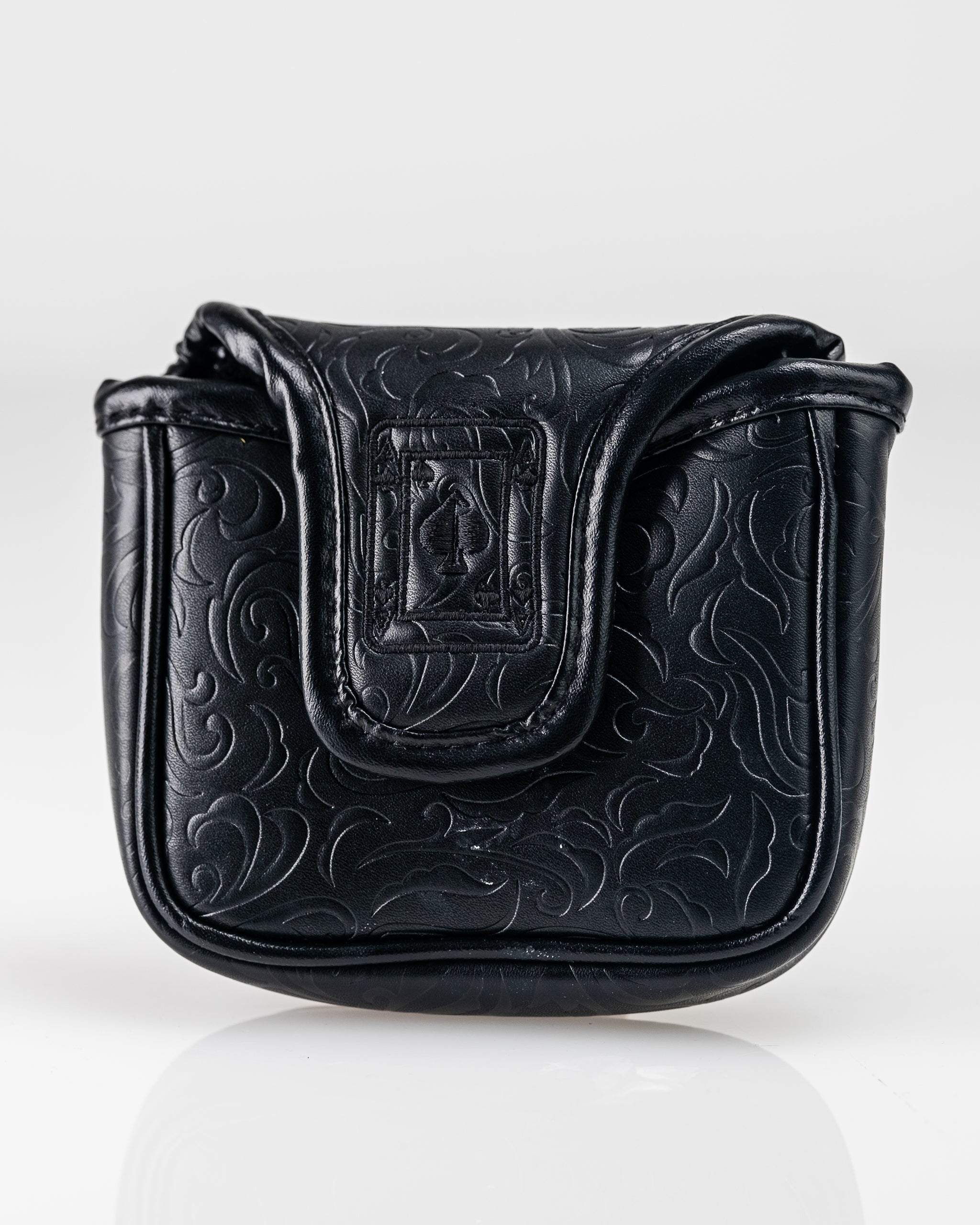 Elegant black mallet putter cover featuring an intricate Ace of Spades design, perfect for stylish golfers.