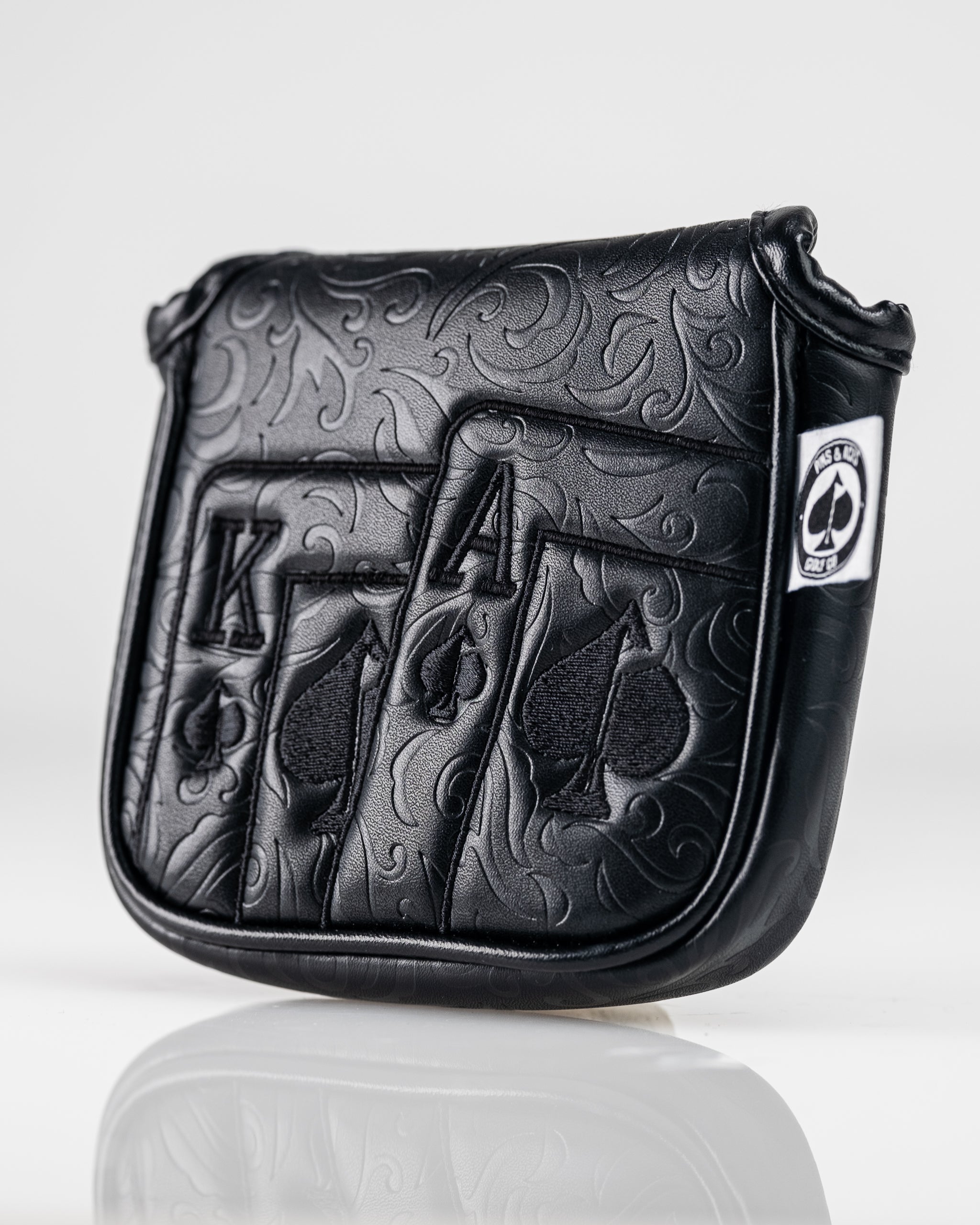 Blackout Ace of Spades mallet putter cover featuring embossed playing card design in sleek black leather.
