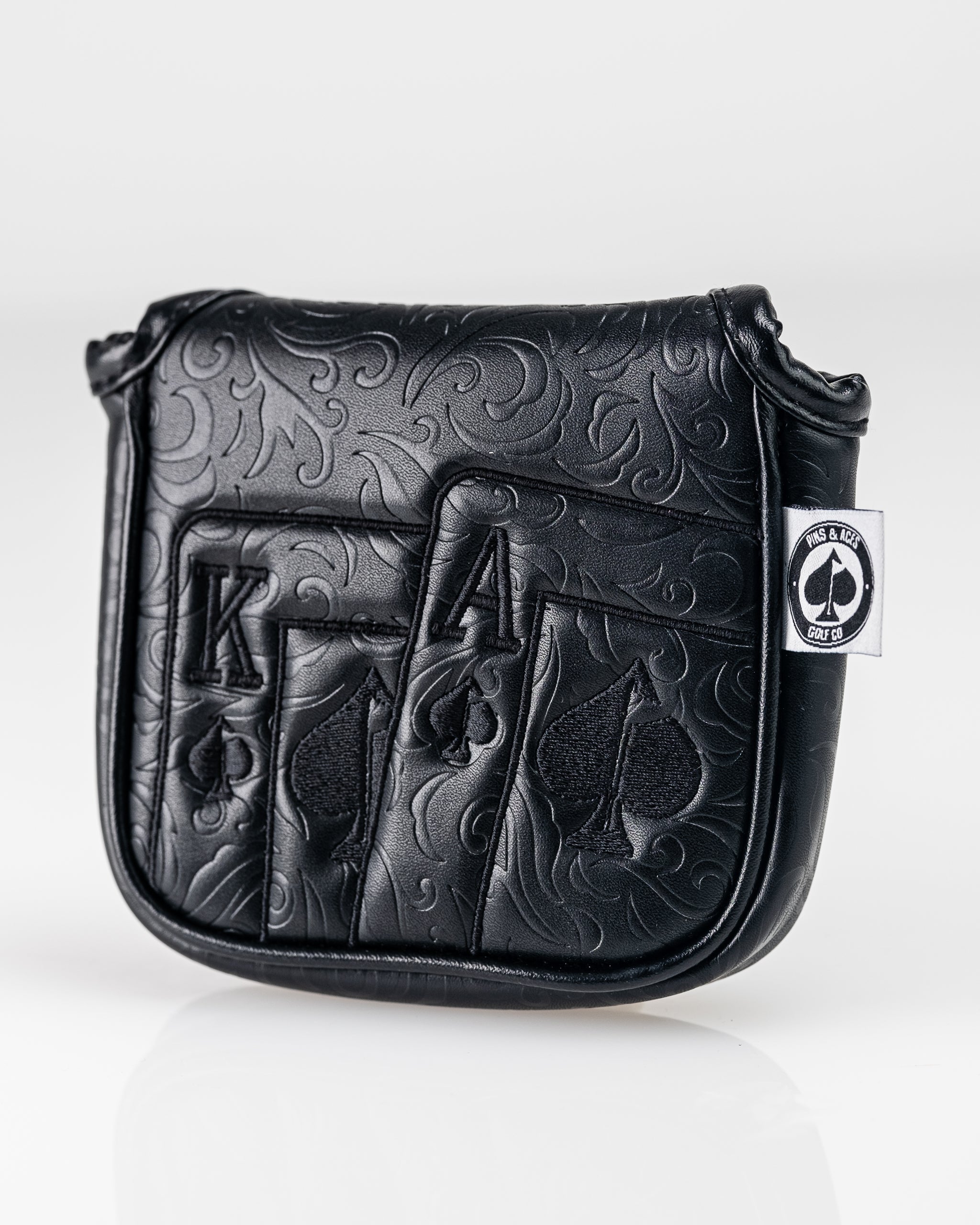 Blackout Ace of Spades mallet putter cover featuring an embossed design with playing card motifs for a stylish golf accessory.