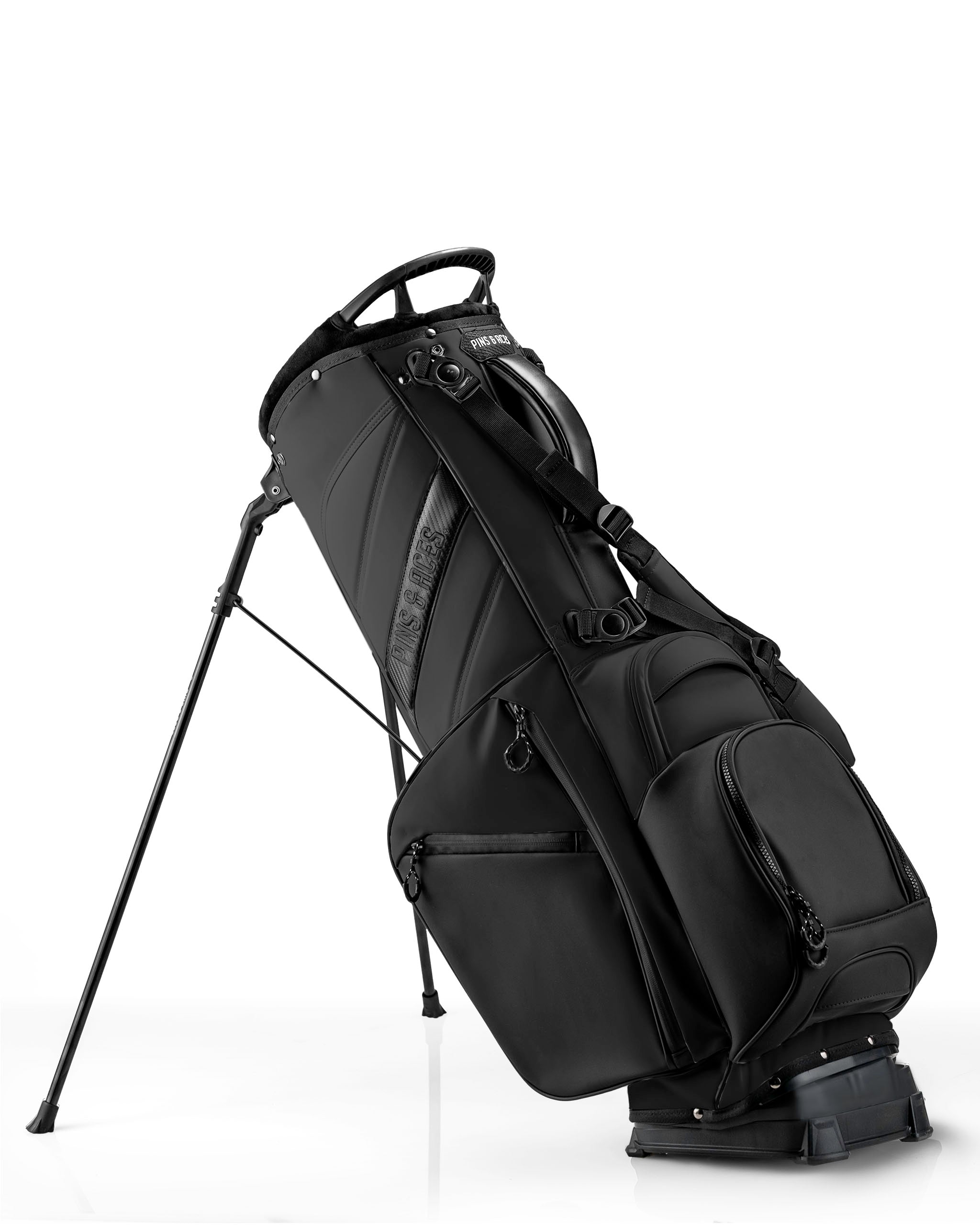Sleek black Player Preferred™ golf bag with stand, featuring multiple pockets and a modern design for stylish golfers.