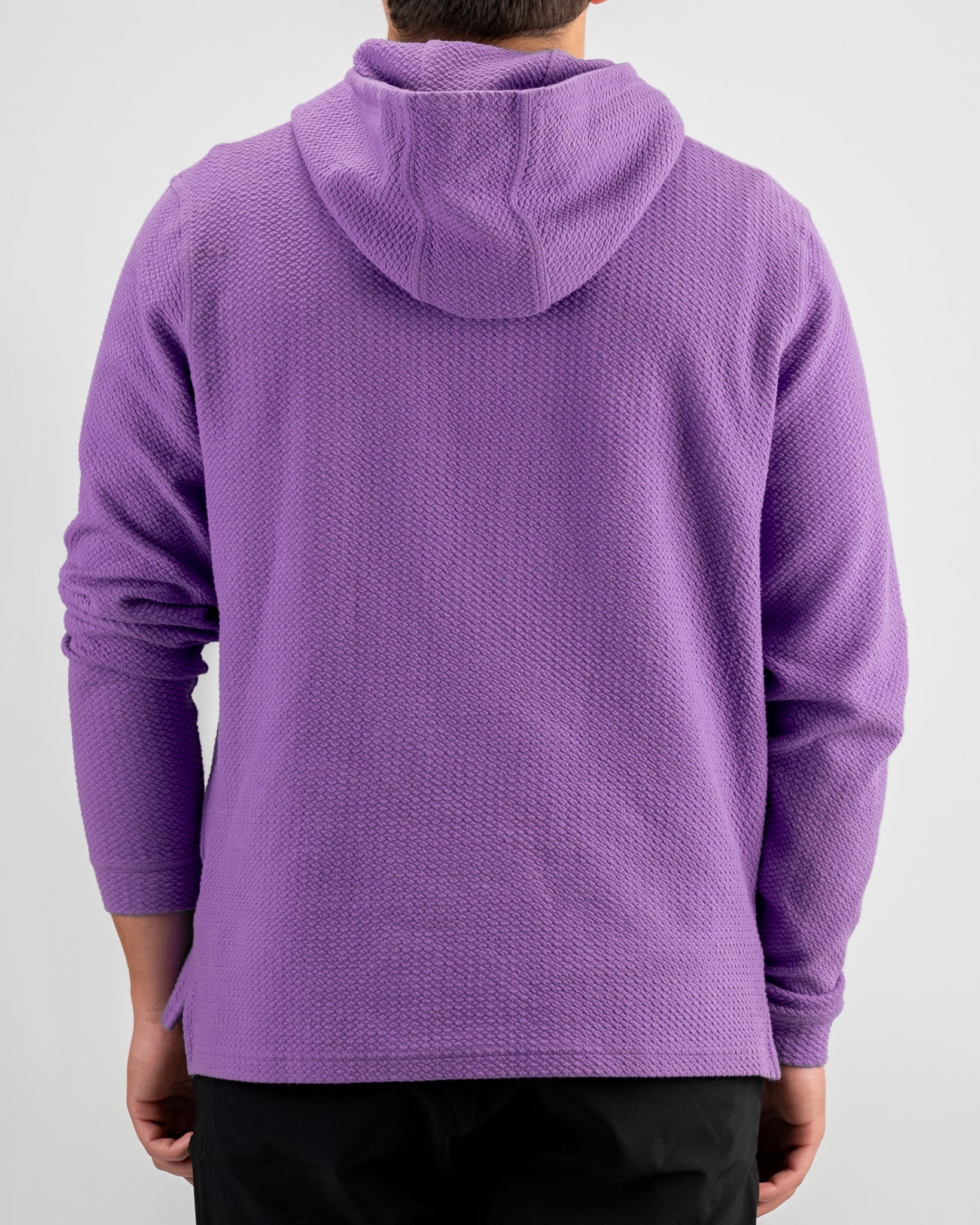 Men's grape waffle knit hoodie featuring a relaxed fit and a cozy hood, perfect for stylish comfort on and off the golf course.