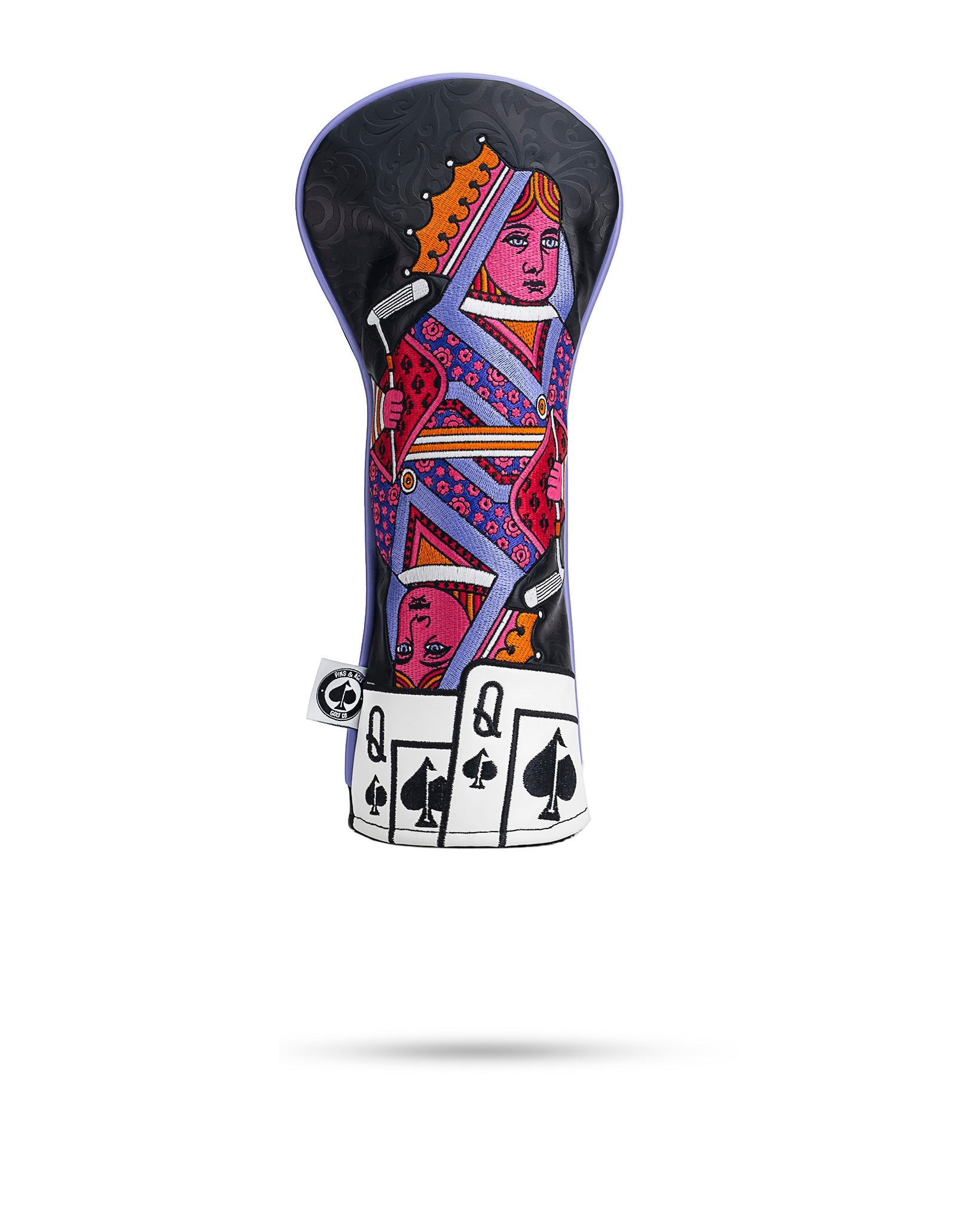 Bold Queen of Spades fairway cover featuring vibrant colors and intricate card design for stylish golf protection.